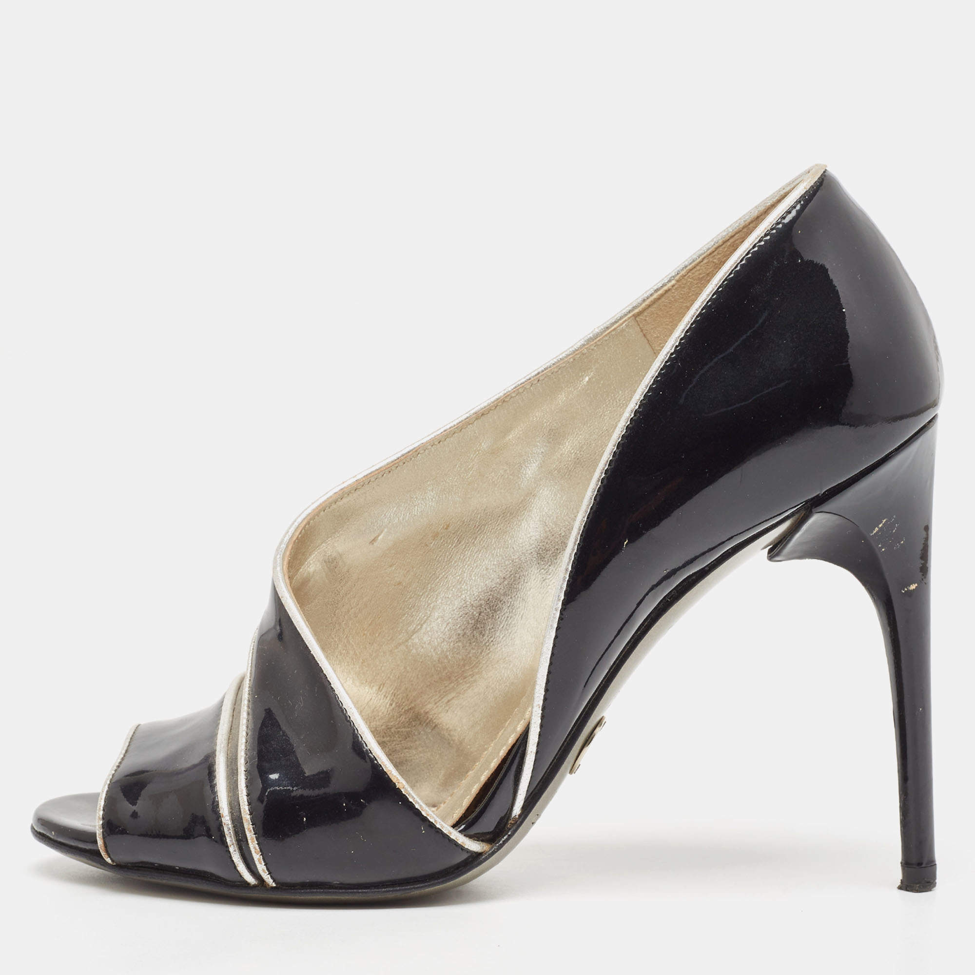 Pre Owned Dolce & Gabbana Black/Silver Patent and Leather Cut Out Peep Toe Pumps Size 37.5