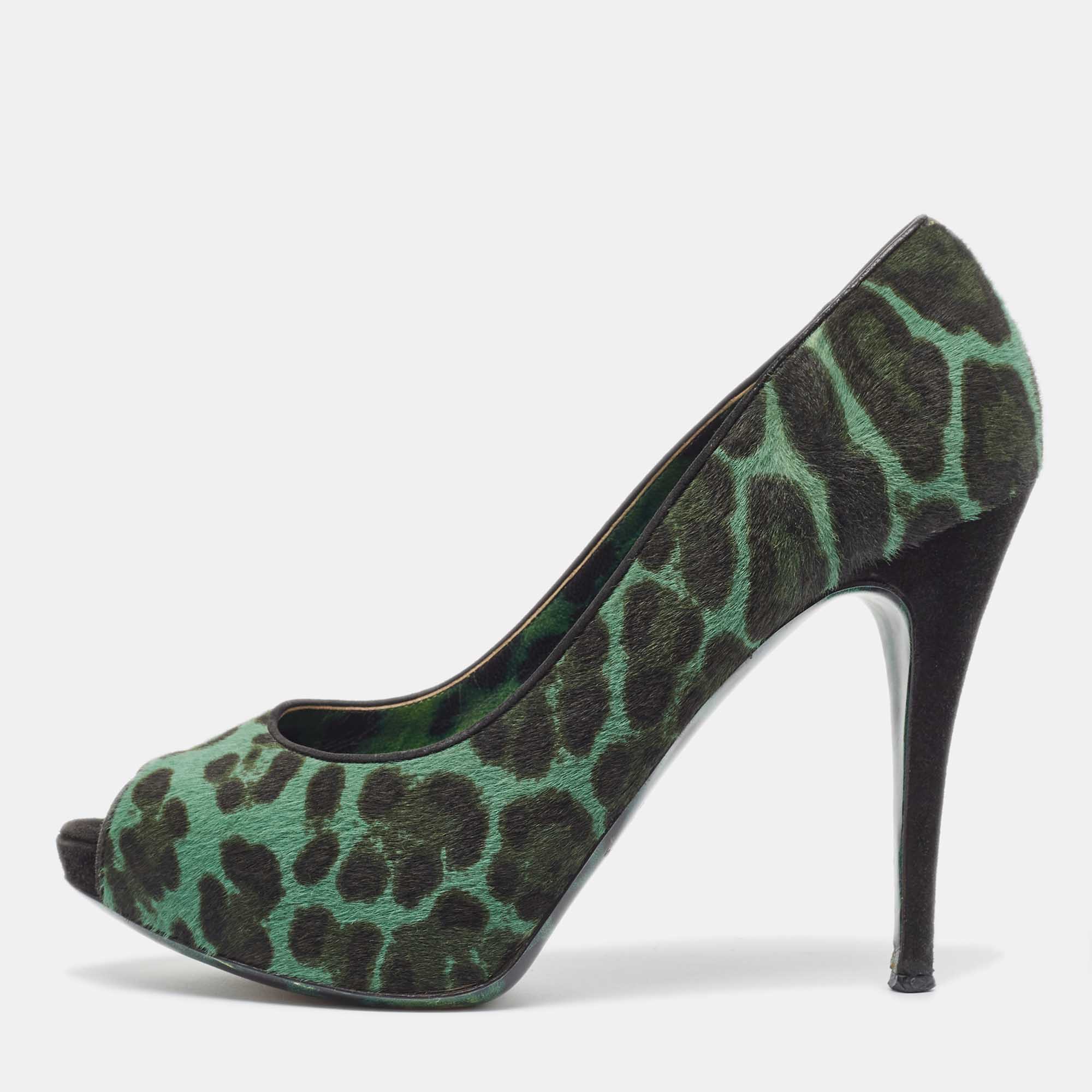 Pre Owned Dolce & Gabbana Green Calf Hair Peep Toe Pumps Size  41