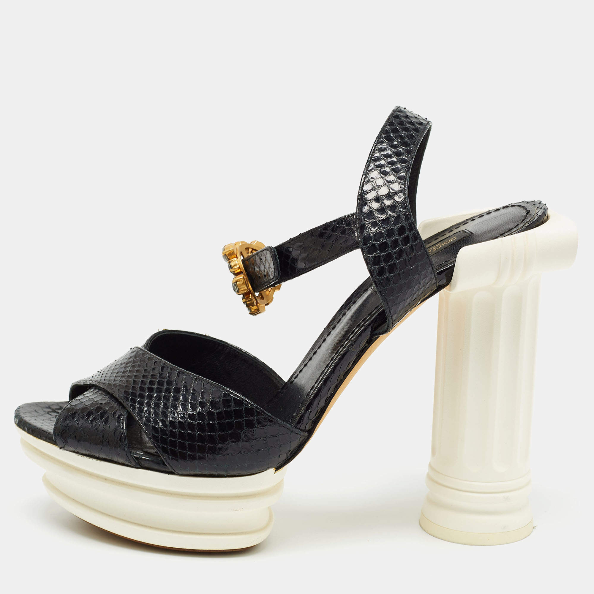 Dolce & Gabbana Black Snakeskin Ankle Strap Block Heel Sandals Size 40