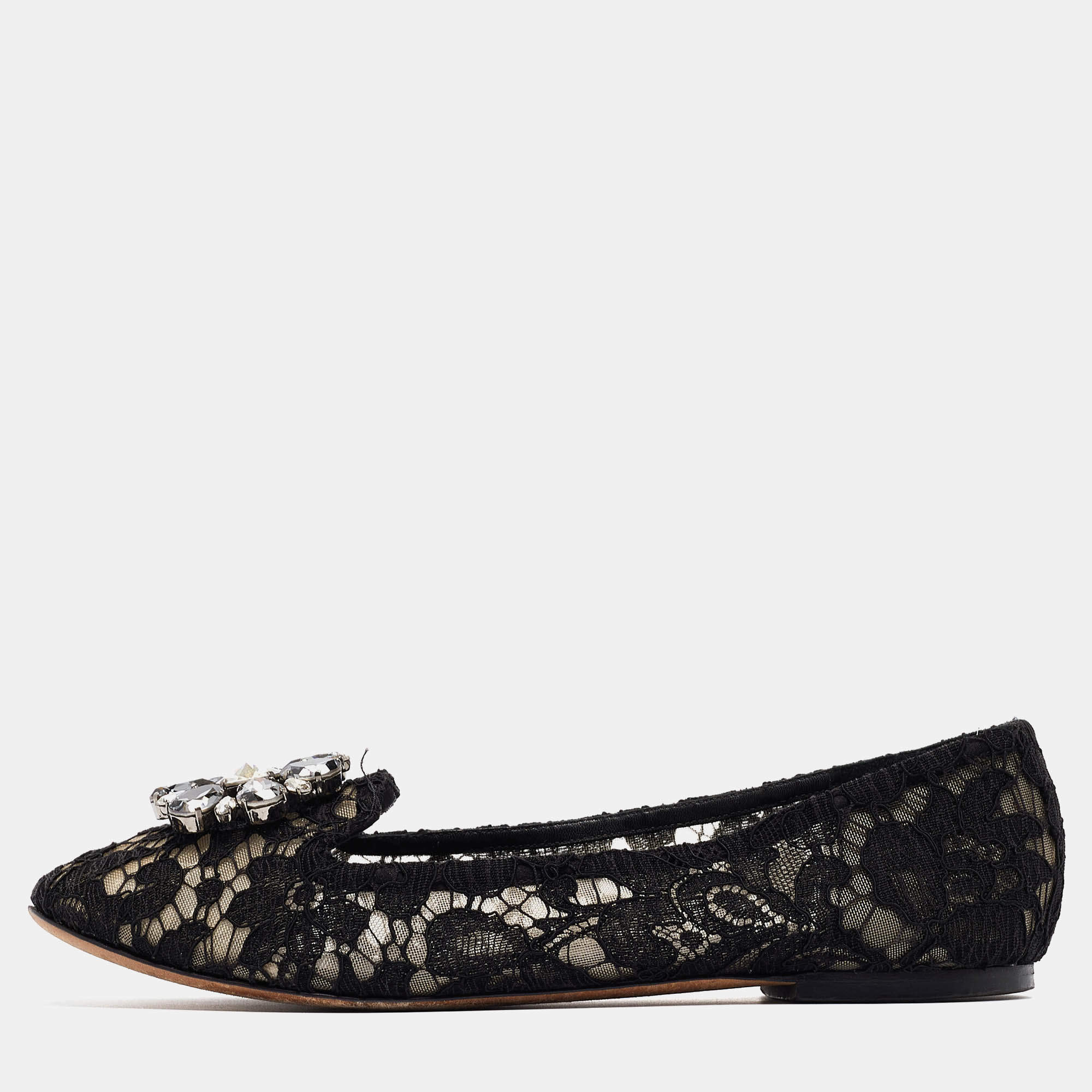 Pre Owned Dolce & Gabbana Black Lace Crystal Embellished Taormina Ballet Flats Size 40