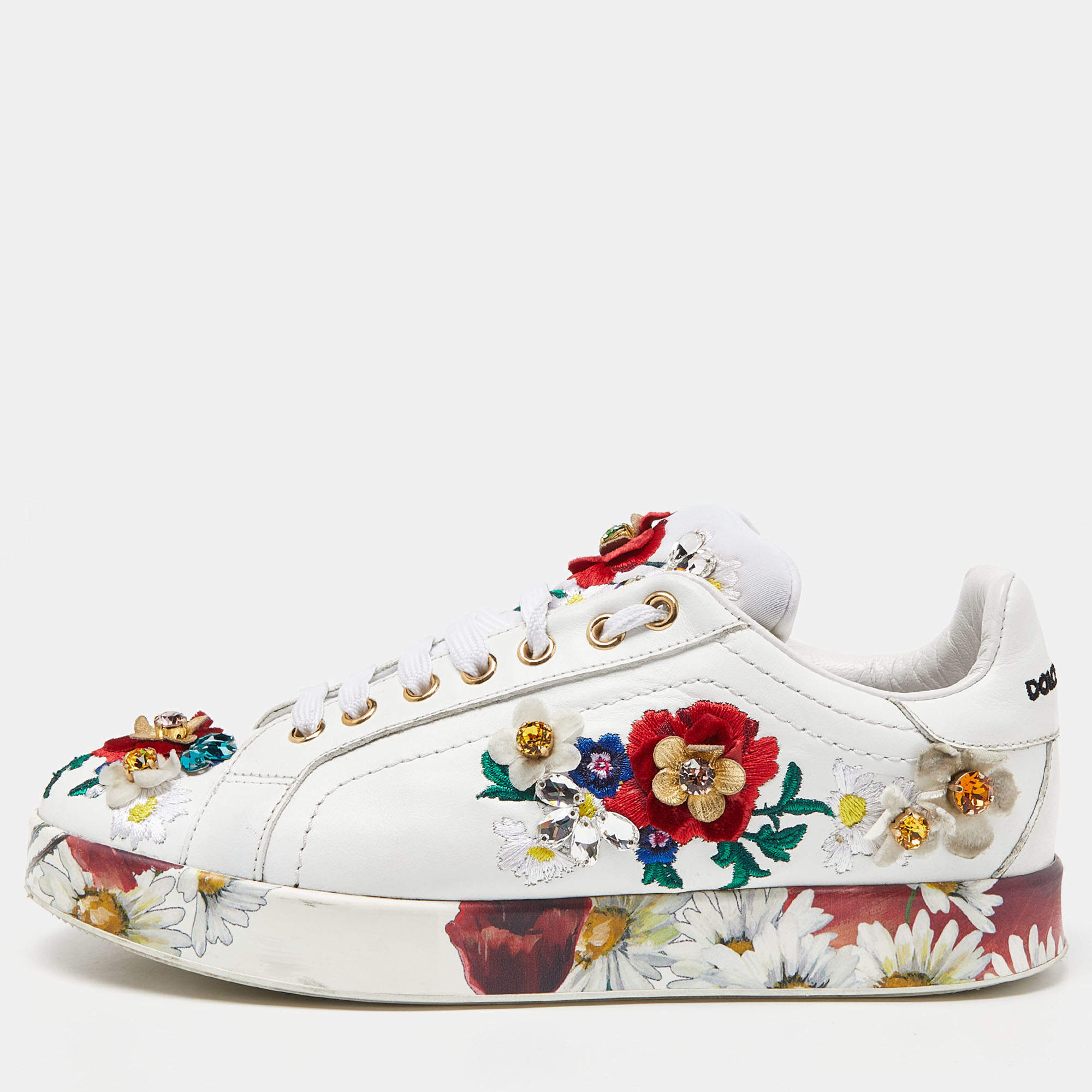 Pre Owned Dolce & Gabbana White Leather Flower Applique and Studded Portofino Sneakers Size 38