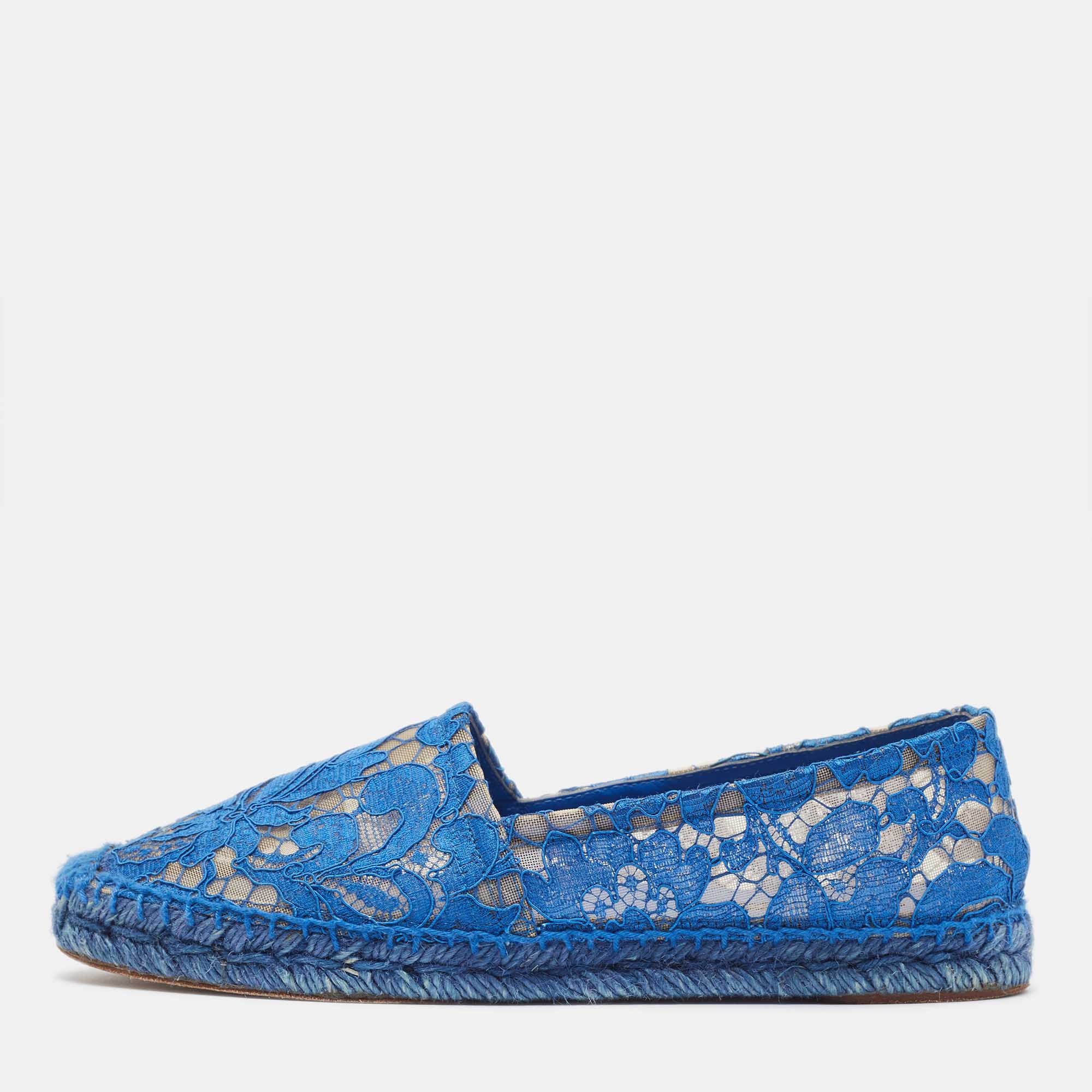Dolce & Gabbana Blue Lace and Mesh Espadrille Flats Size 38