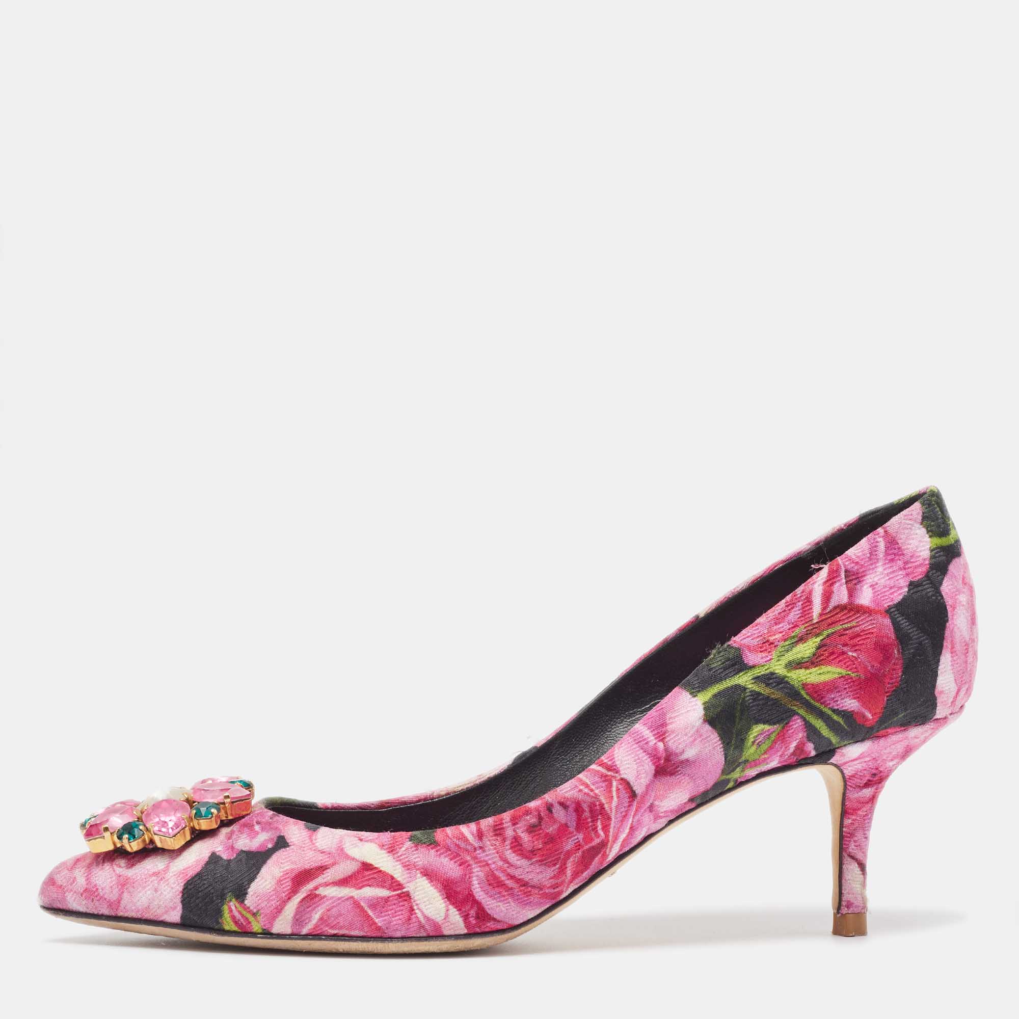 Pre Owned Dolce & Gabbana Pink Floral Canvas Crystal Embellished Bellucci Pumps Size 39