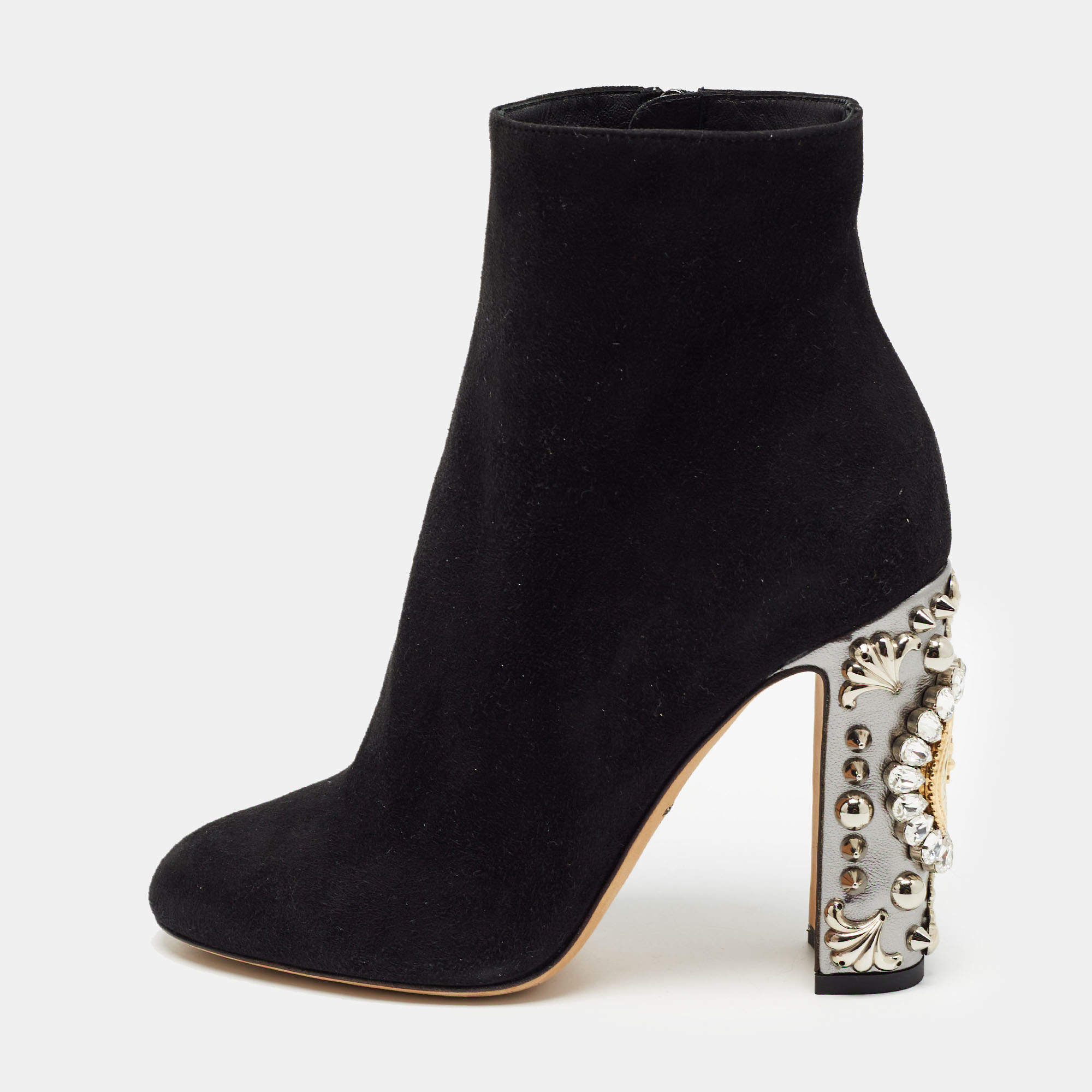 Dolce & Gabbana Black Suede Crystal Embellished Clock Heel Ankle Boots Size 38