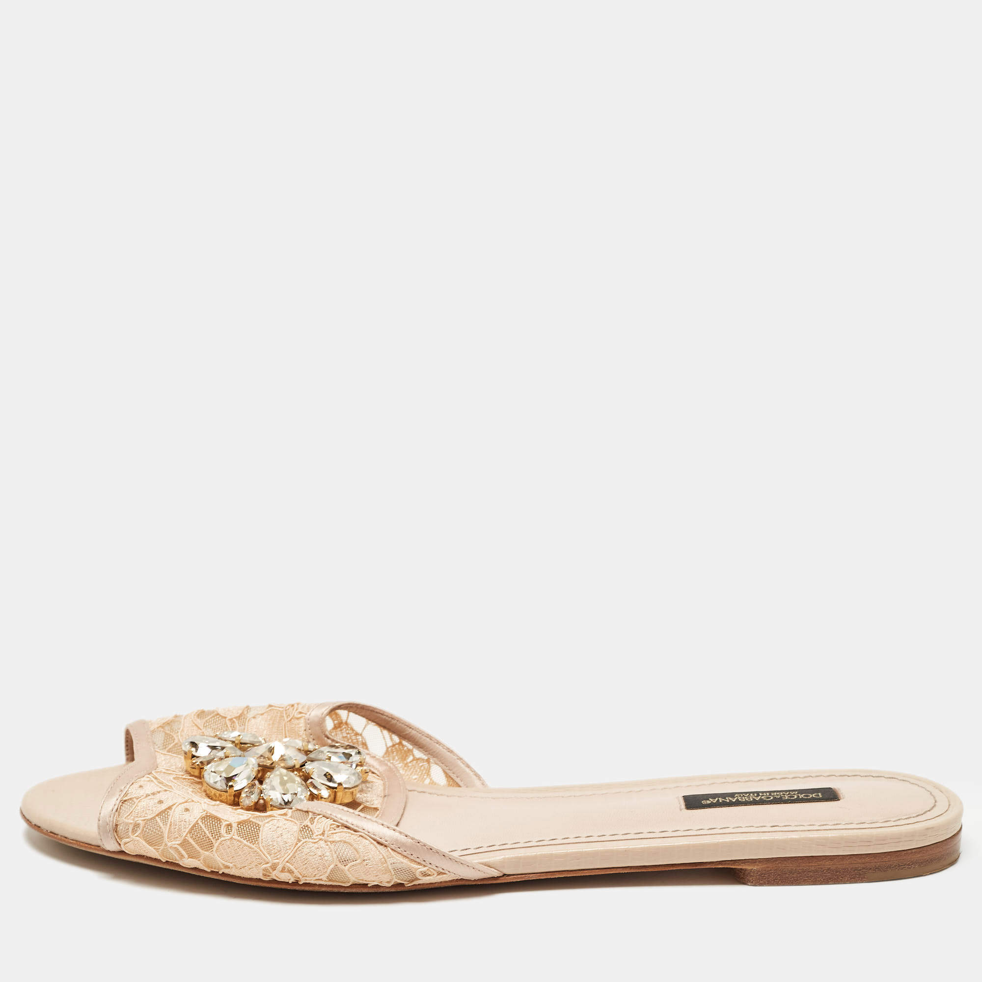 Pre Owned Dolce & Gabbana Beige Lace and Mesh Crystal Embellished Flat Slides Size 41