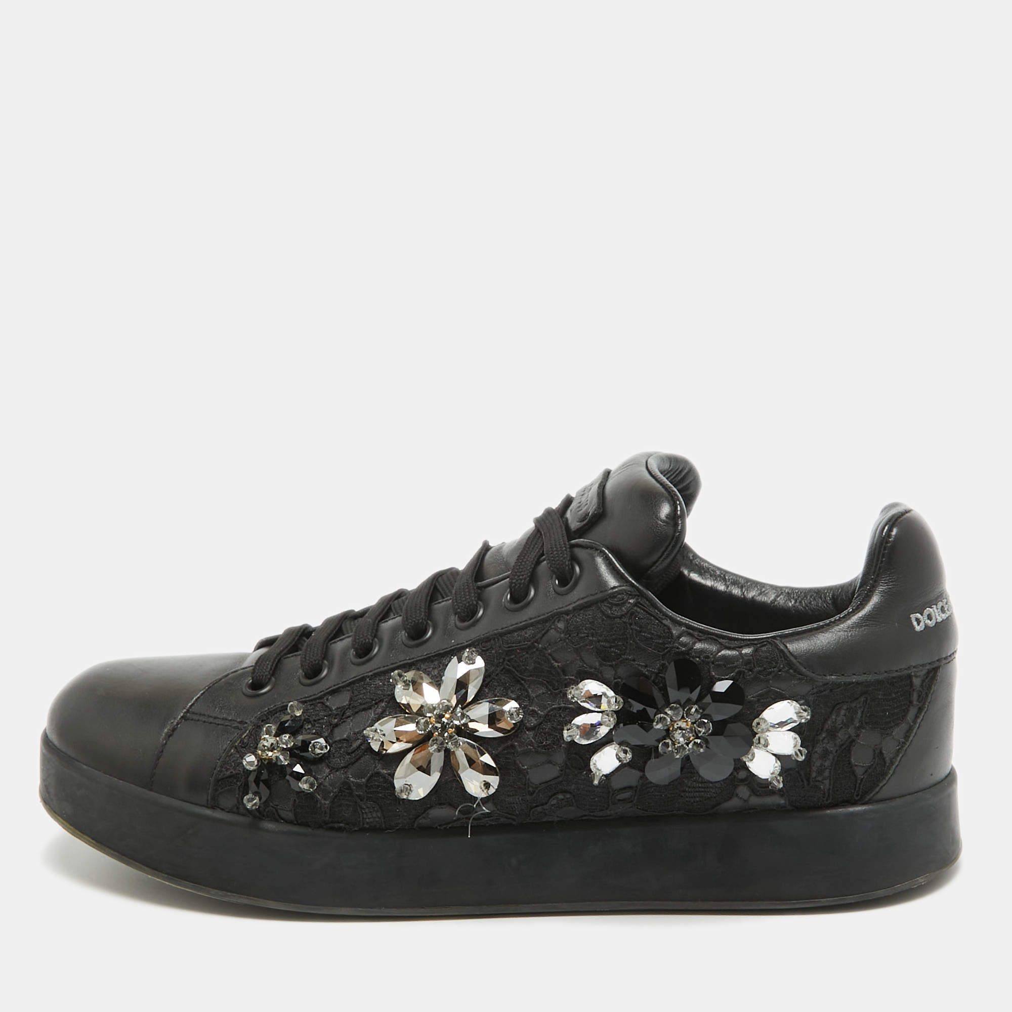 Pre Owned Dolce & Gabbana Black Leather Crystal Embellished Low Top Sneakers Size 39