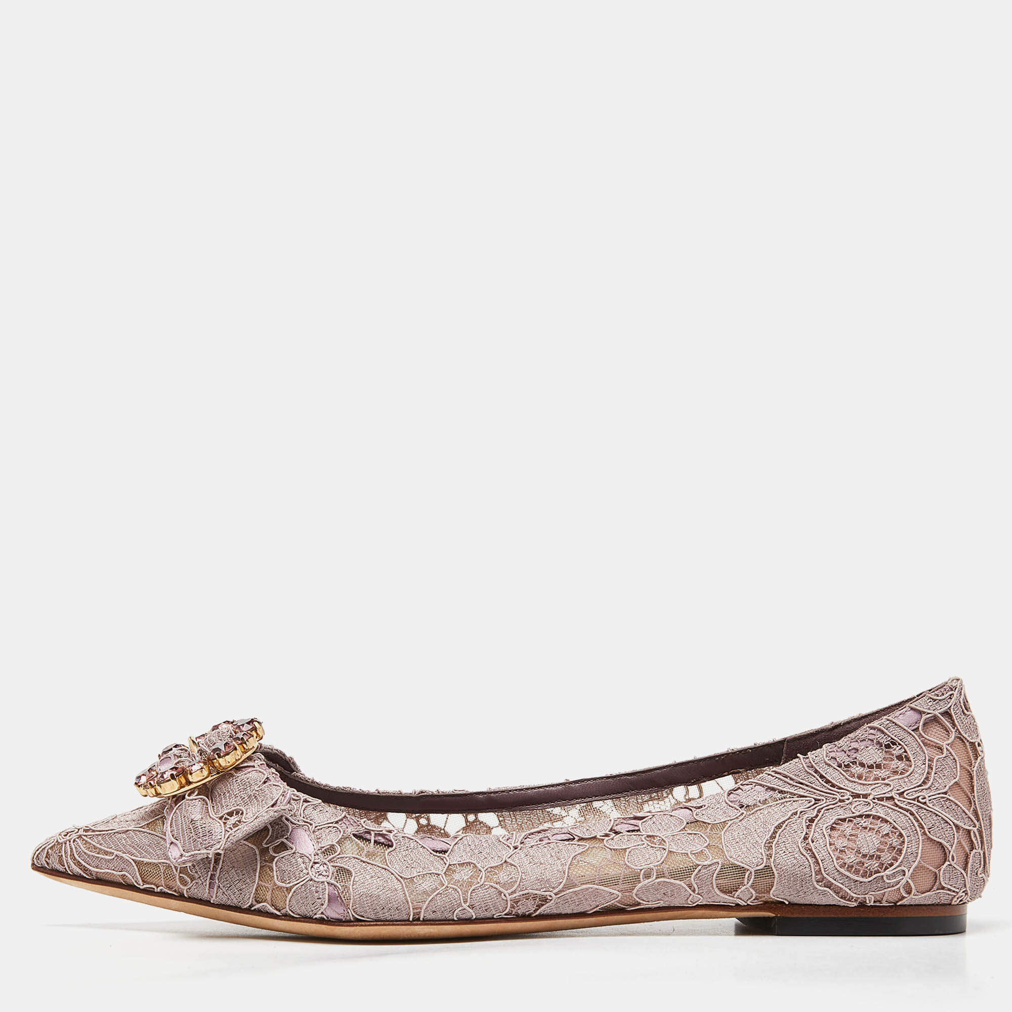Pre Owned Dolce & Gabbana Pink Lace and Mesh Crystal Embellished Ballet Flats Size 37
