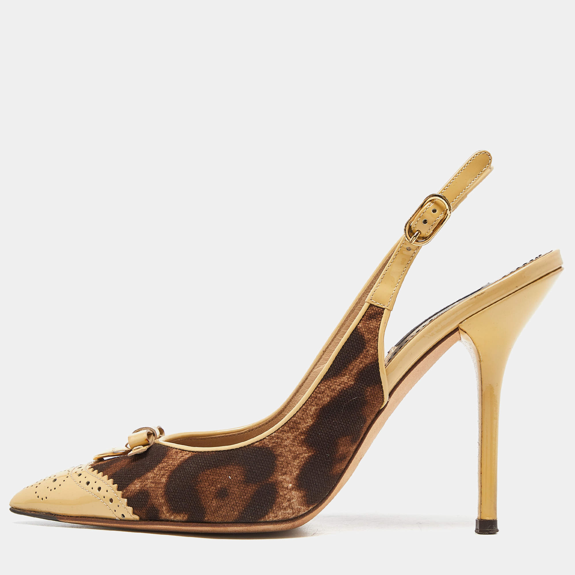 Pre Owned Dolce & Gabbana Brown/Beige Leopard Print Canvas and Patent Leather Slingback Pumps Size 38