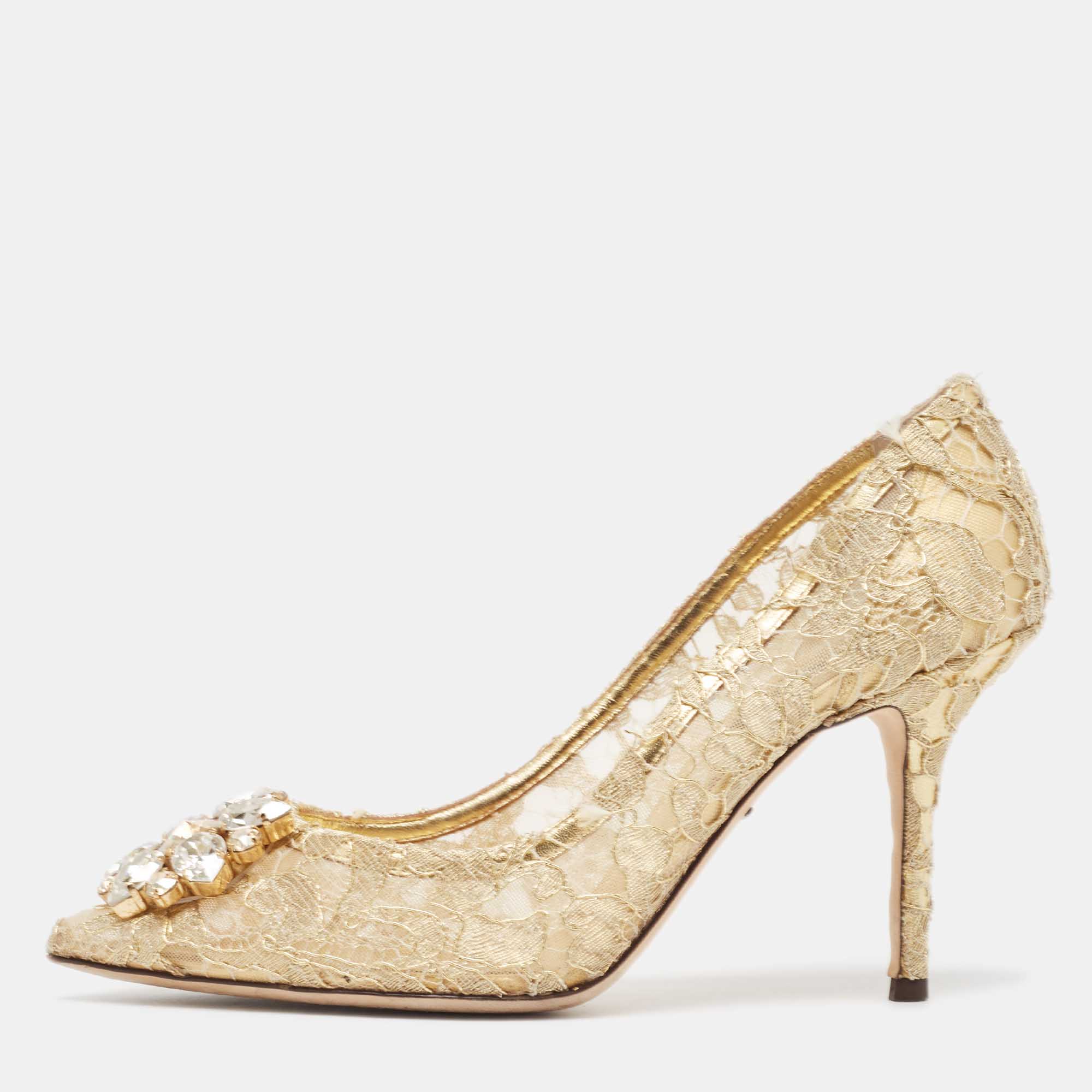 Pre Owned Dolce & Gabbana Gold Lace and Mesh Bellucci Pumps Size 38