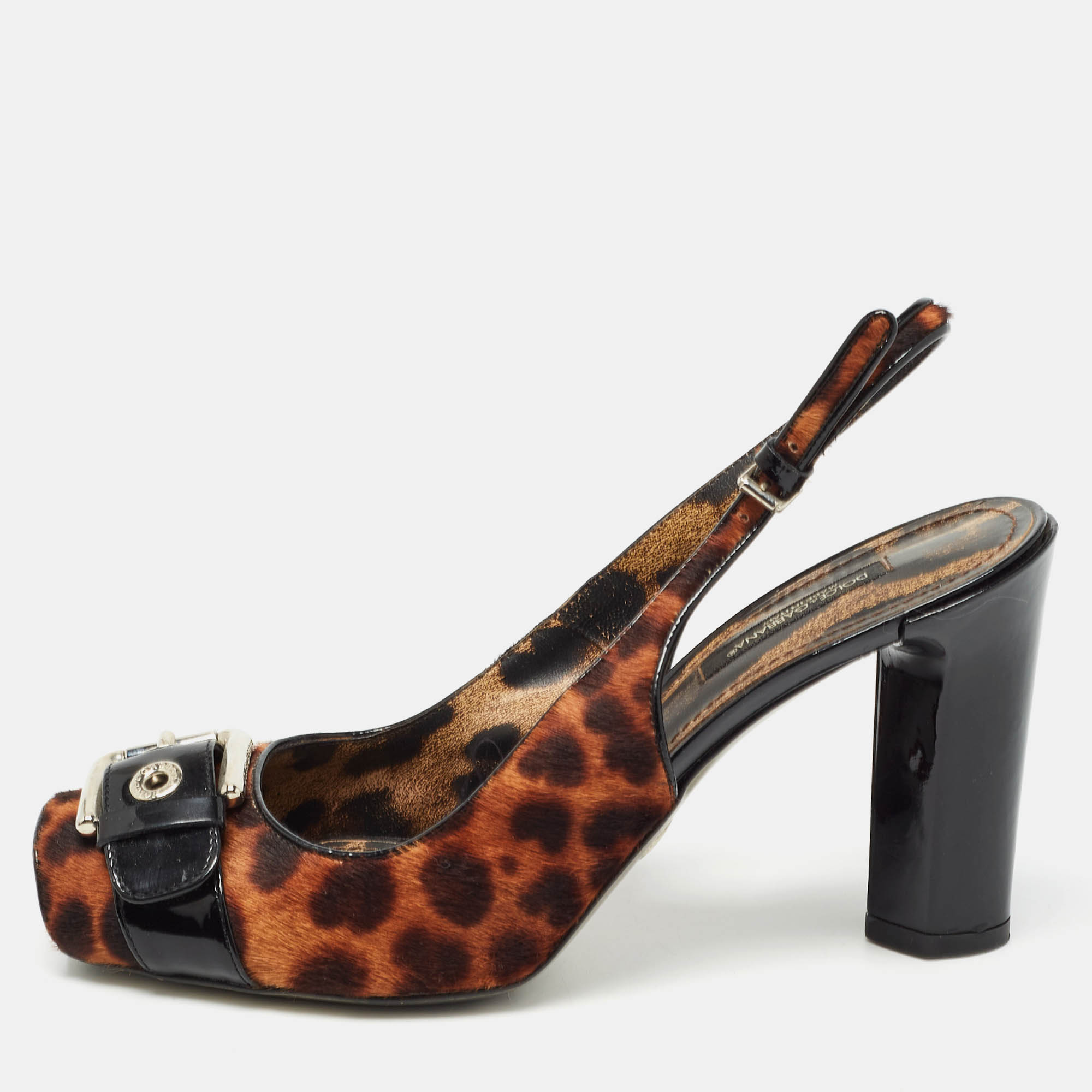 Pre Owned Dolce & Gabbana Brown/Black Leopard Calf Hair and Patent Open Toe Slingback Pumps Size 37