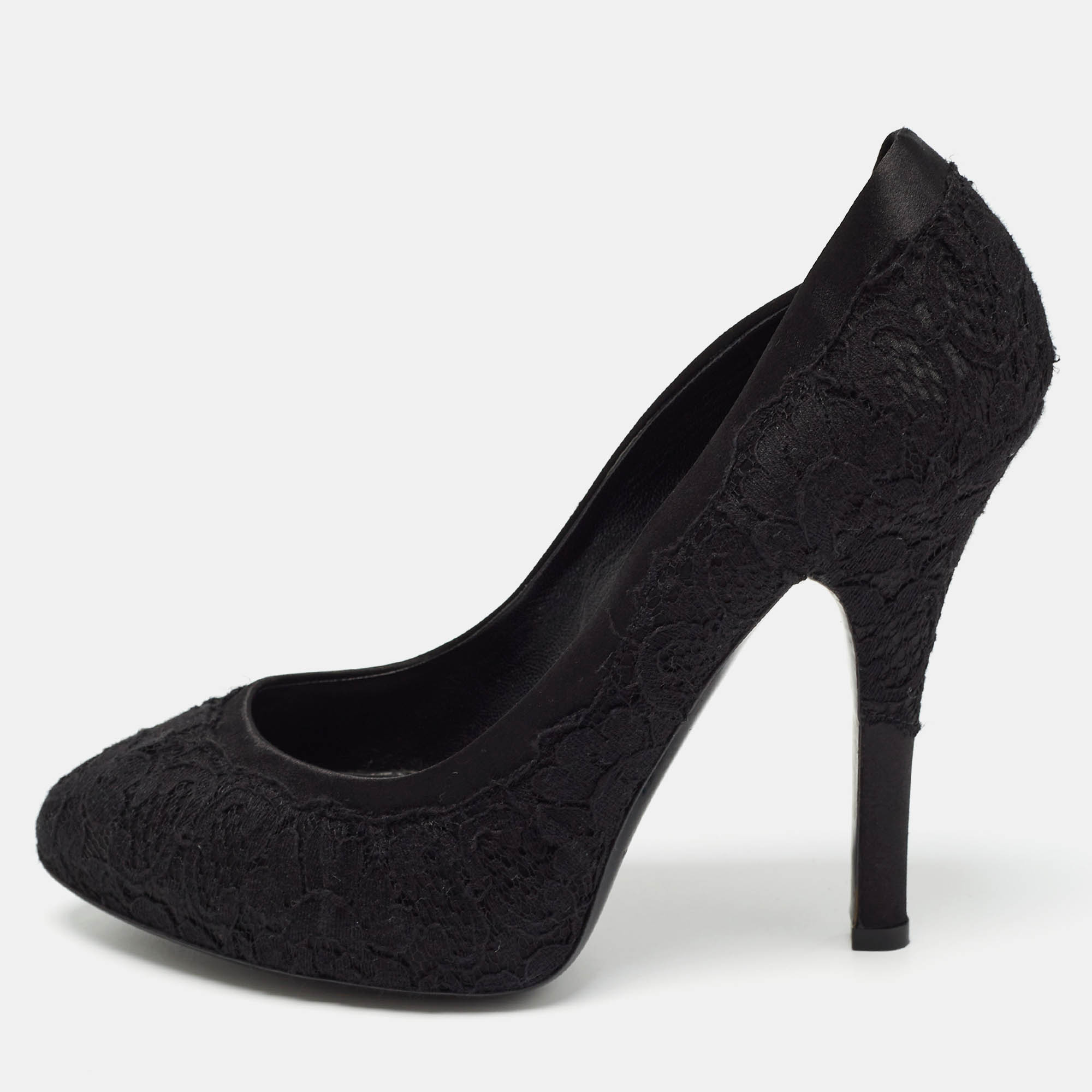 Pre Owned Dolce & Gabbana Black Lace and Satin Round Toe Pumps Size 37.5