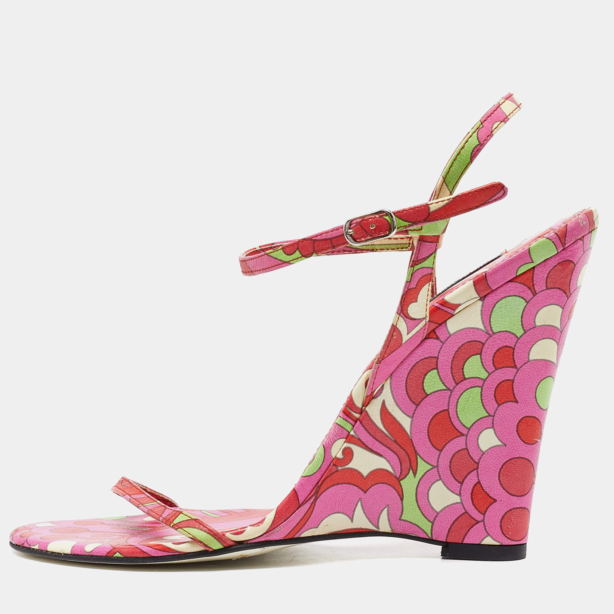 Pre Owned Dolce & Gabbana Multicolor Print Leather Wedge Sandals Size 38.5