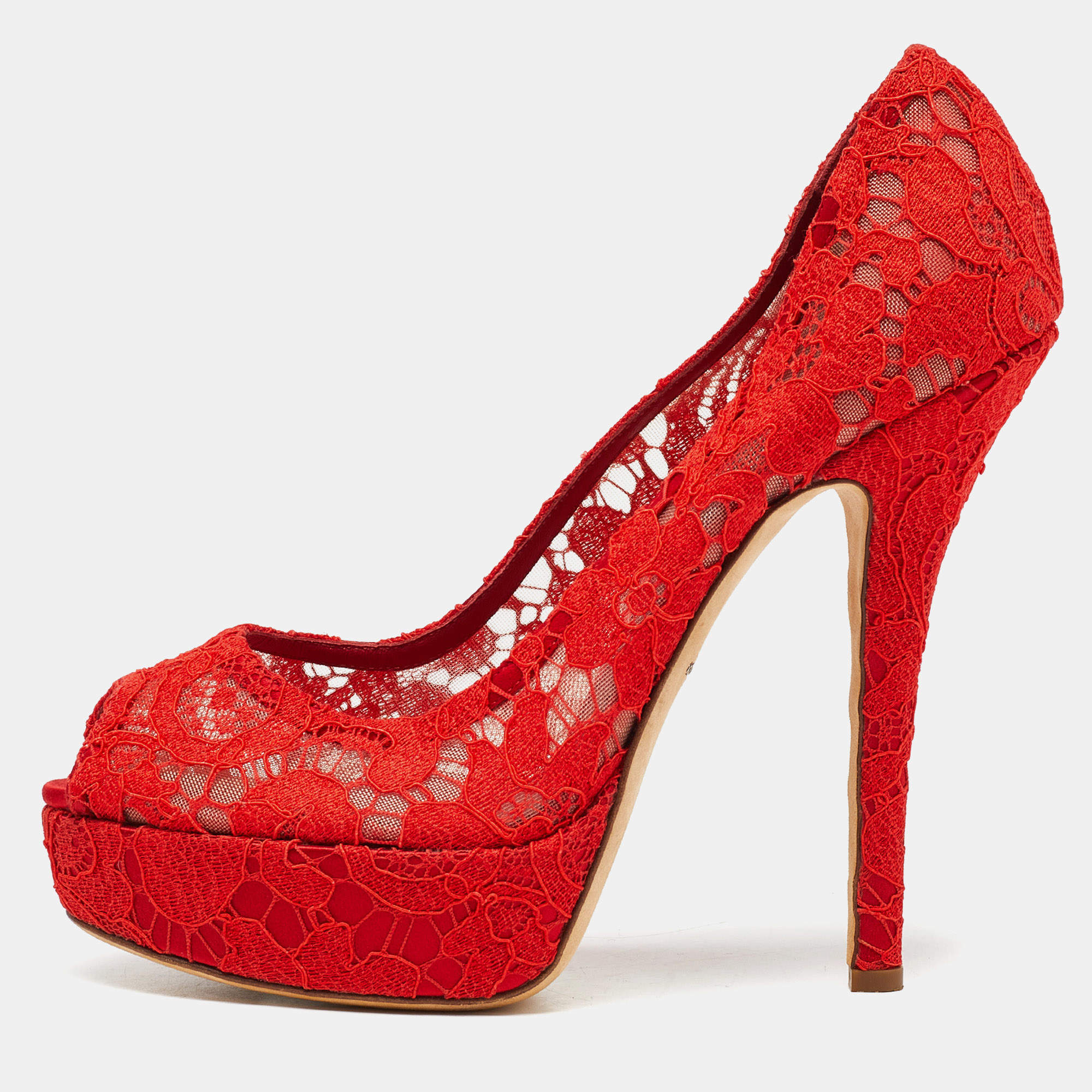Pre Owned Dolce & Gabbana Red Lace And Satin Peep Toe Platform Pump Size 40