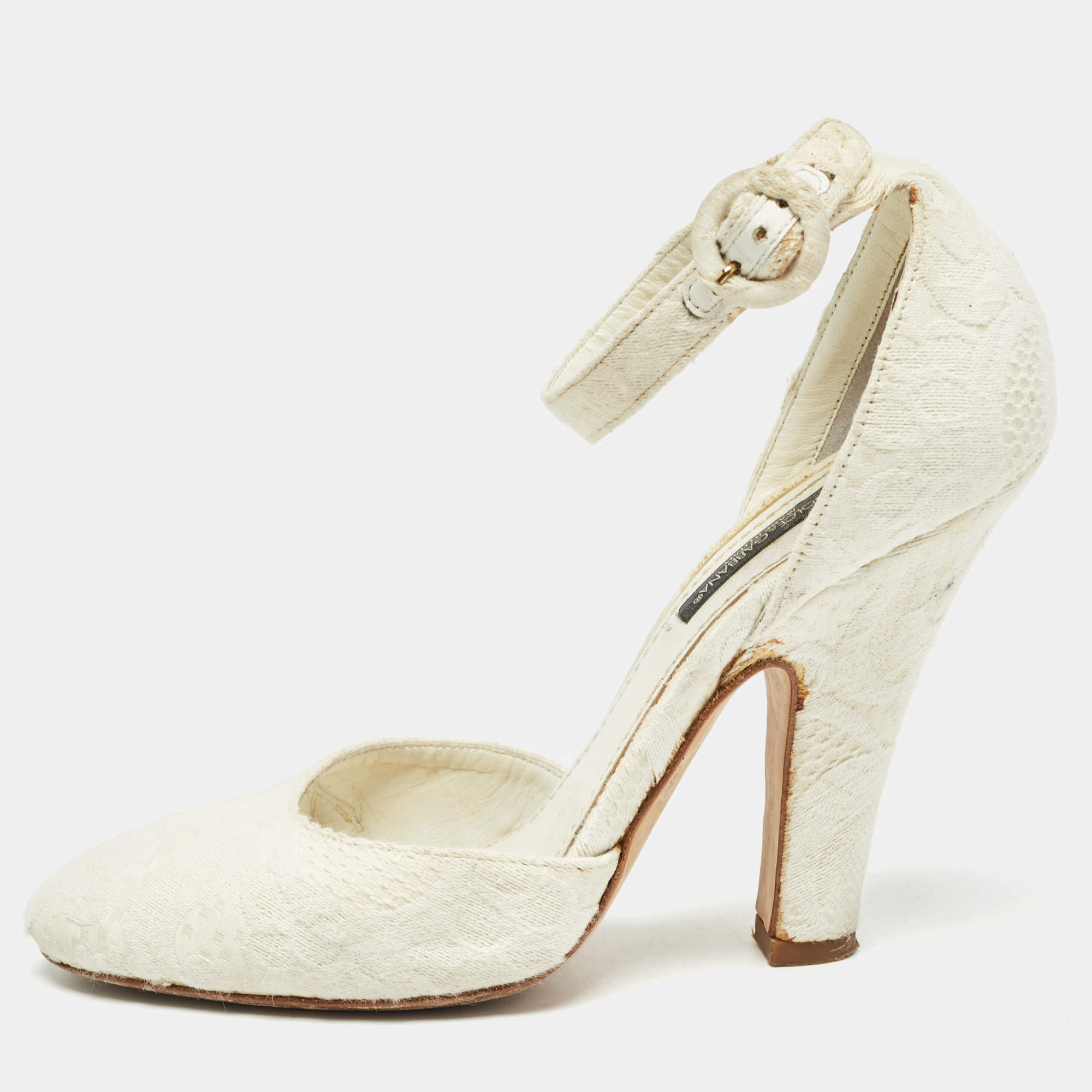 Dolce & Gabbana White Jacquard Fabric Ankle Strap Pumps Size 37