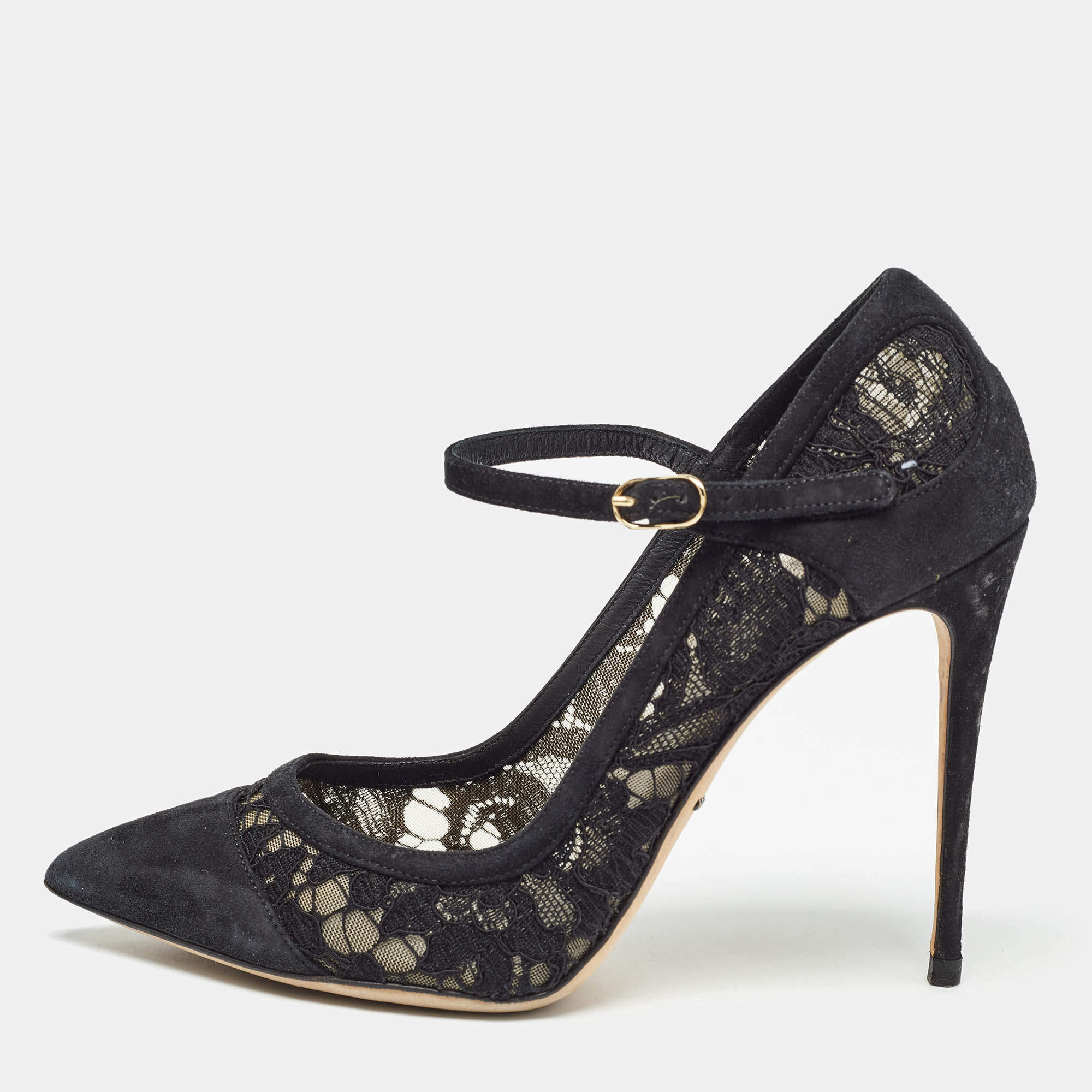 Pre Owned Dolce & Gabbana Black Lace and Suede Pumps Size 38