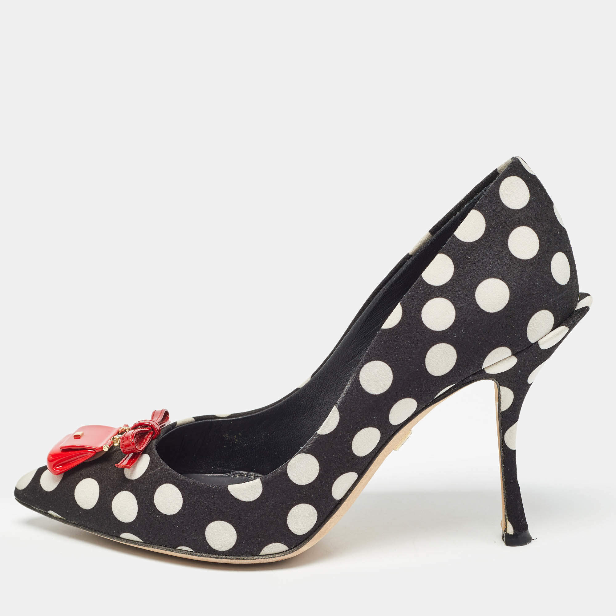 Pre Owned Dolce & Gabbana Black/White Polka Dot Fabric Bag Detail Pumps Size 37