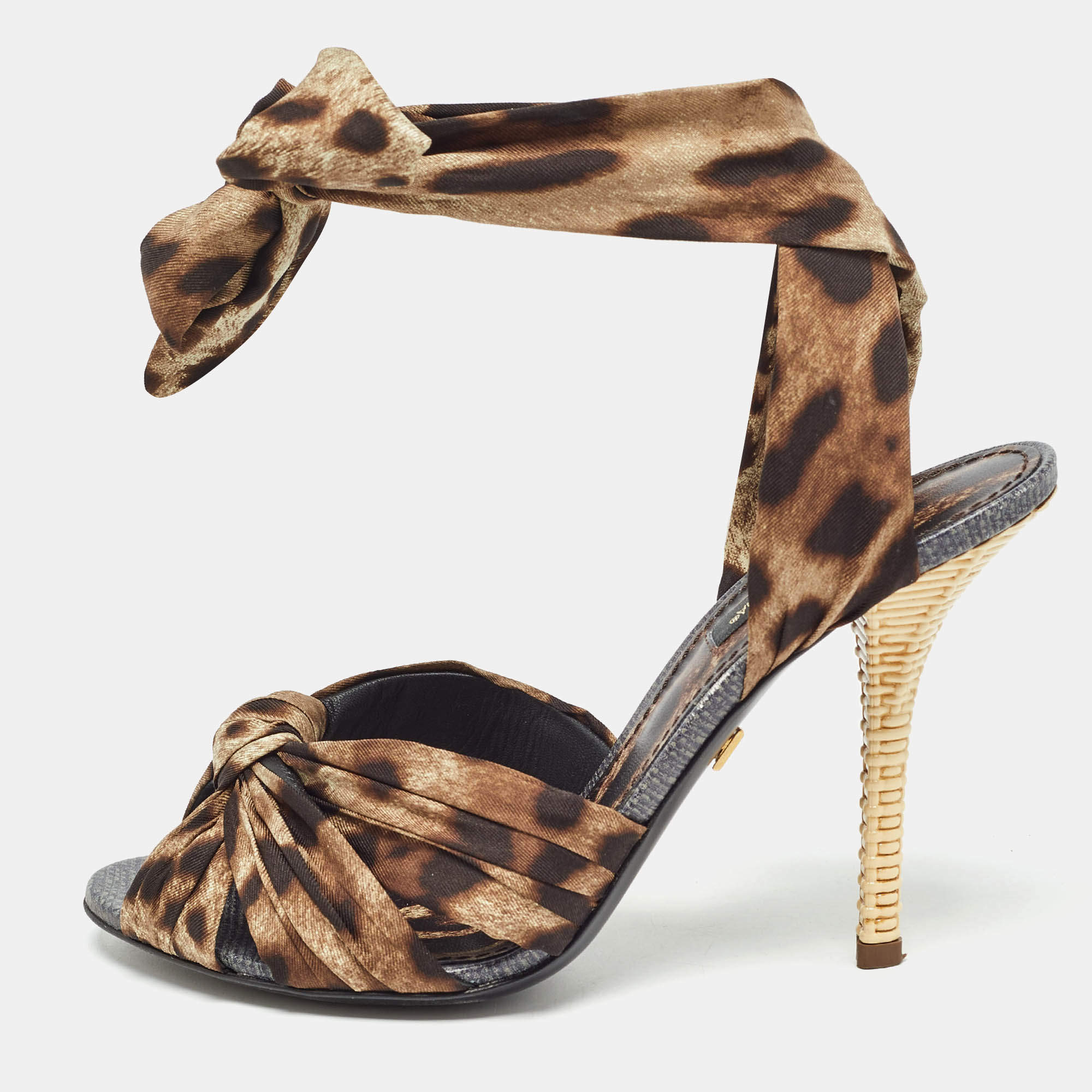 Pre Owned Dolce & Gabbana Brown/Black Leopard Print Satin Ankle Tie Sandals Size 37