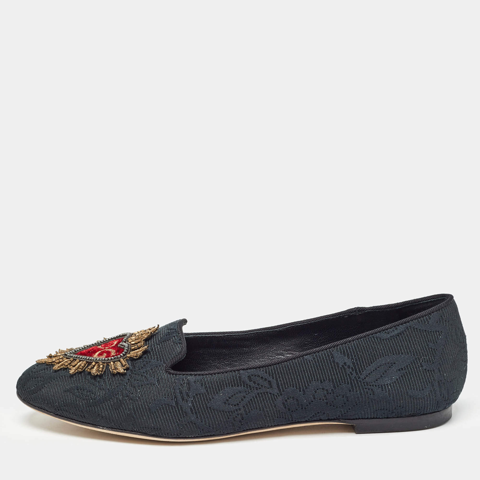 Pre Owned Dolce & Gabbana Black Jacquard Fabric Embellished DG Heart Smoking Slippers Size 37