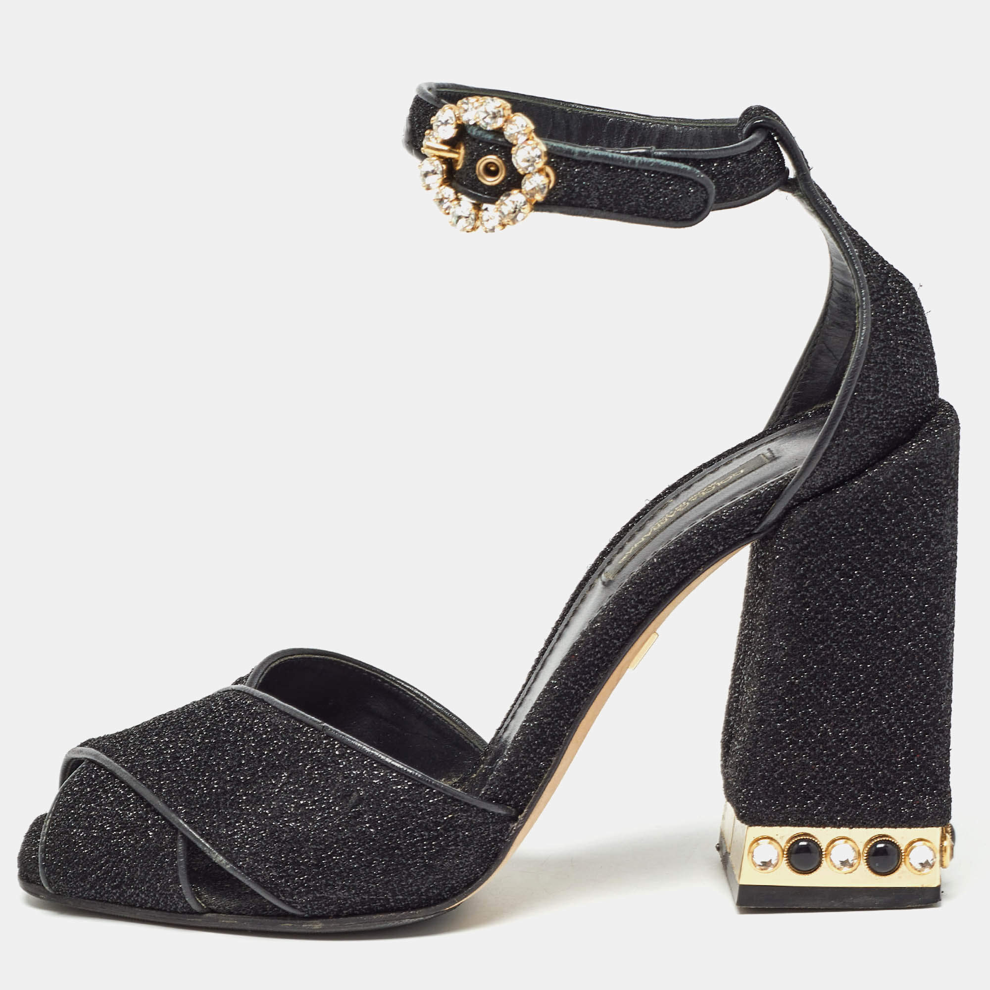 Pre Owned Dolce & Gabbana Black Lurex Fabric Crystal Embellished Block Heel Ankle Strap Sandals Size 37