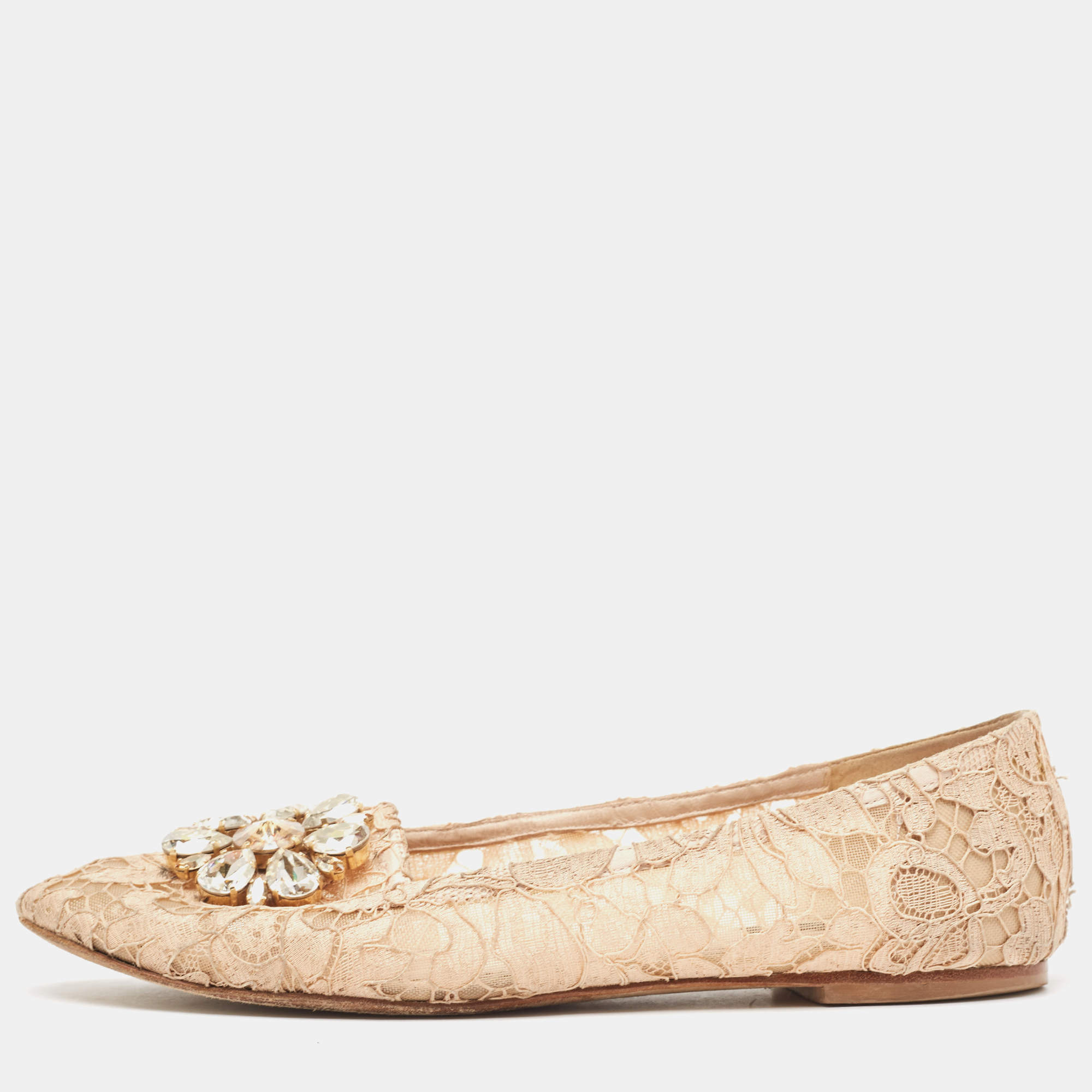 Pre Owned Dolce & Gabbana Beige Lace Crystal Embellished Taormina Smoking Slippers Size 39