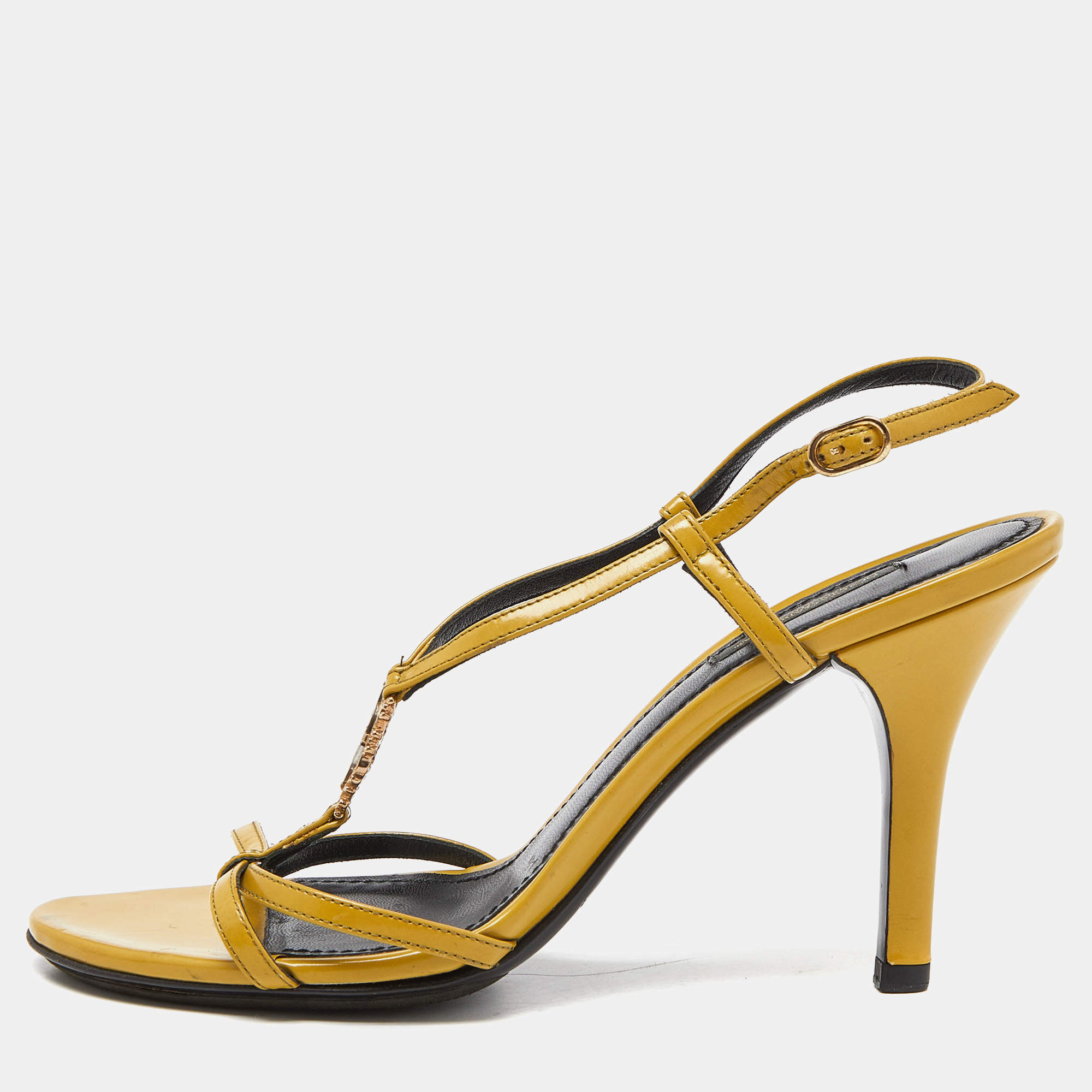 Dolce & Gabbana Yellow Patent Leather Heritage T-Strap Sandals Size 38