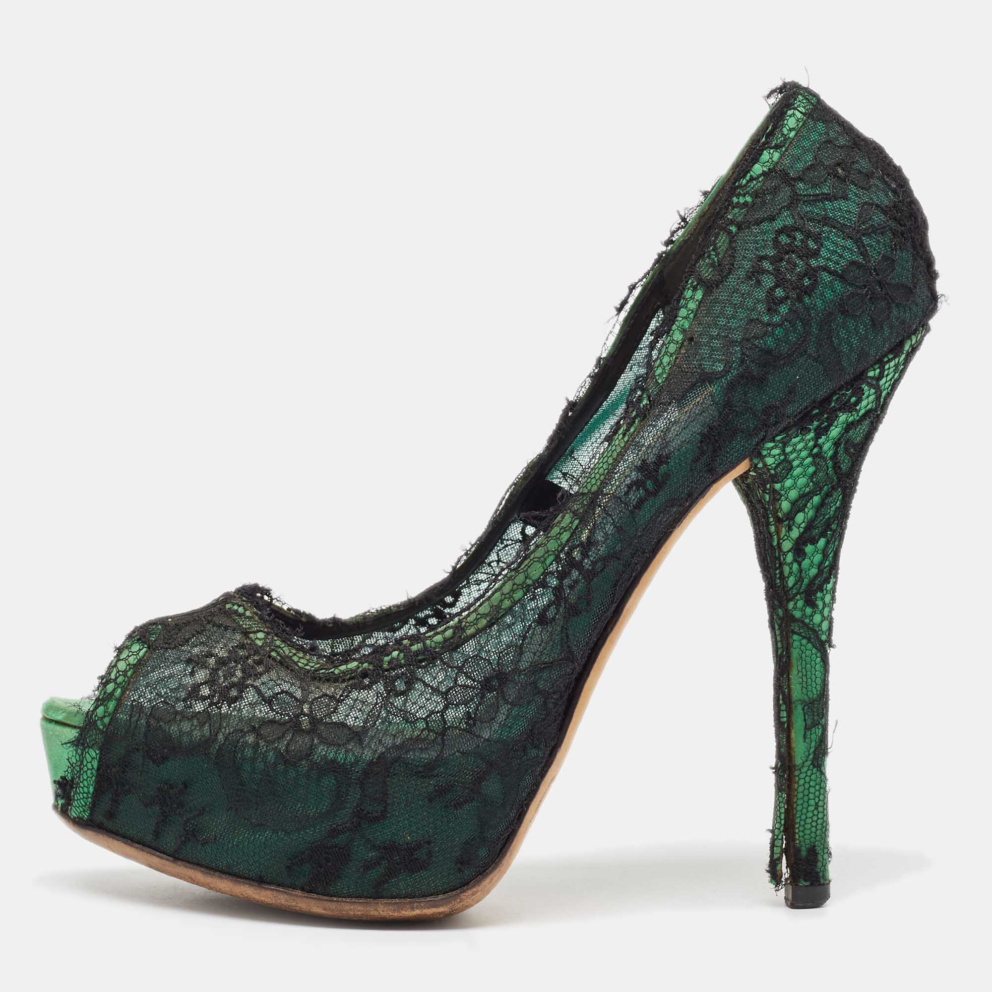 Dolce & Gabbana Black/Green Lace and Satin Peep Toe Platform Pumps Size 40