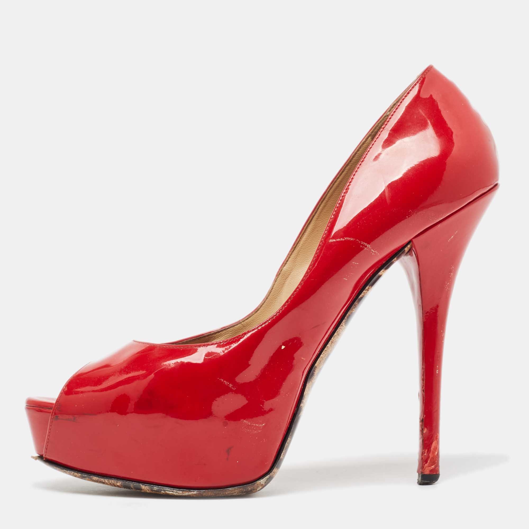Pre Owned Dolce & Gabbana Red Patent Leather Peep Toe Platform Pumps Size 40