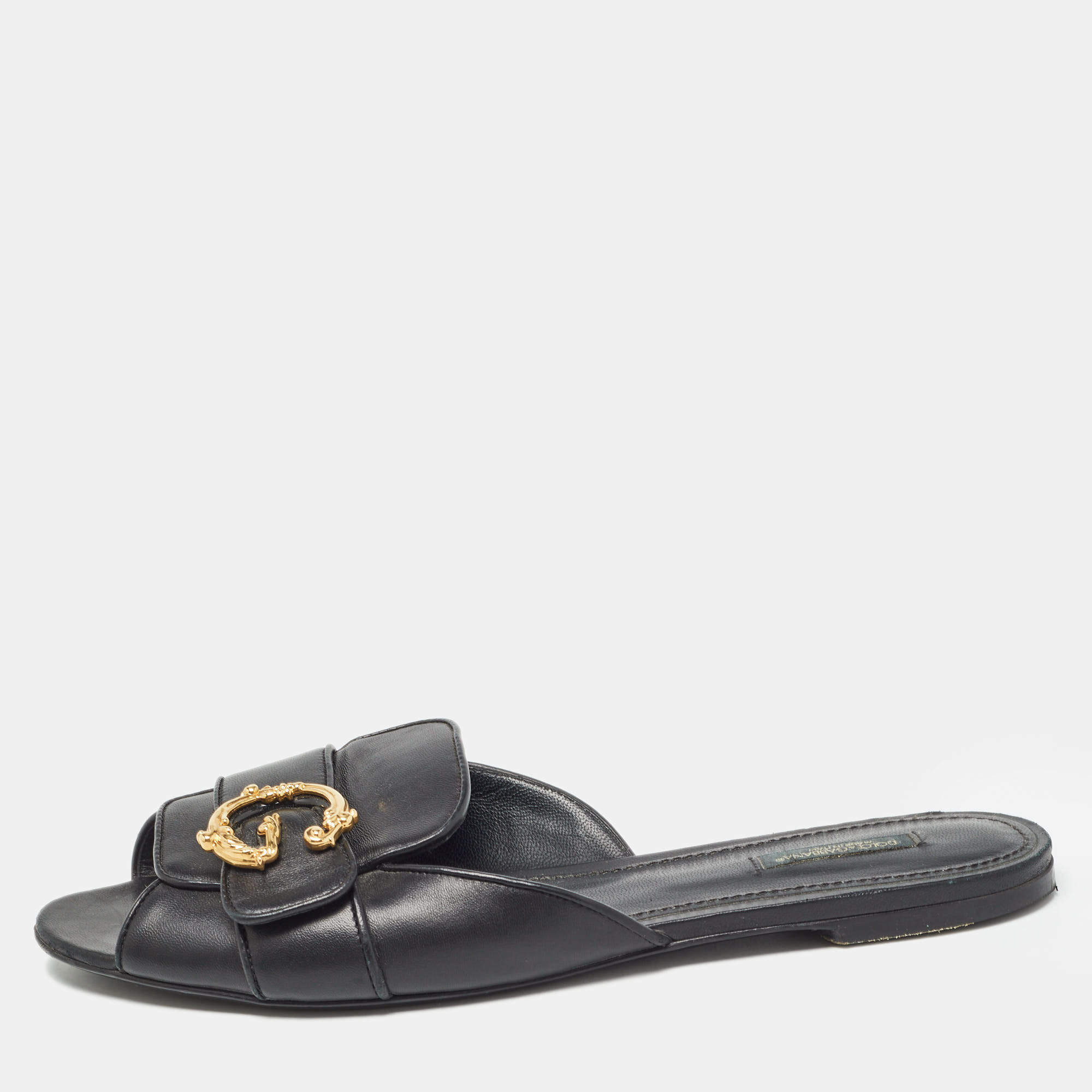 Dolce & Gabbana Black Leather Devotion Flat Slides Size 42