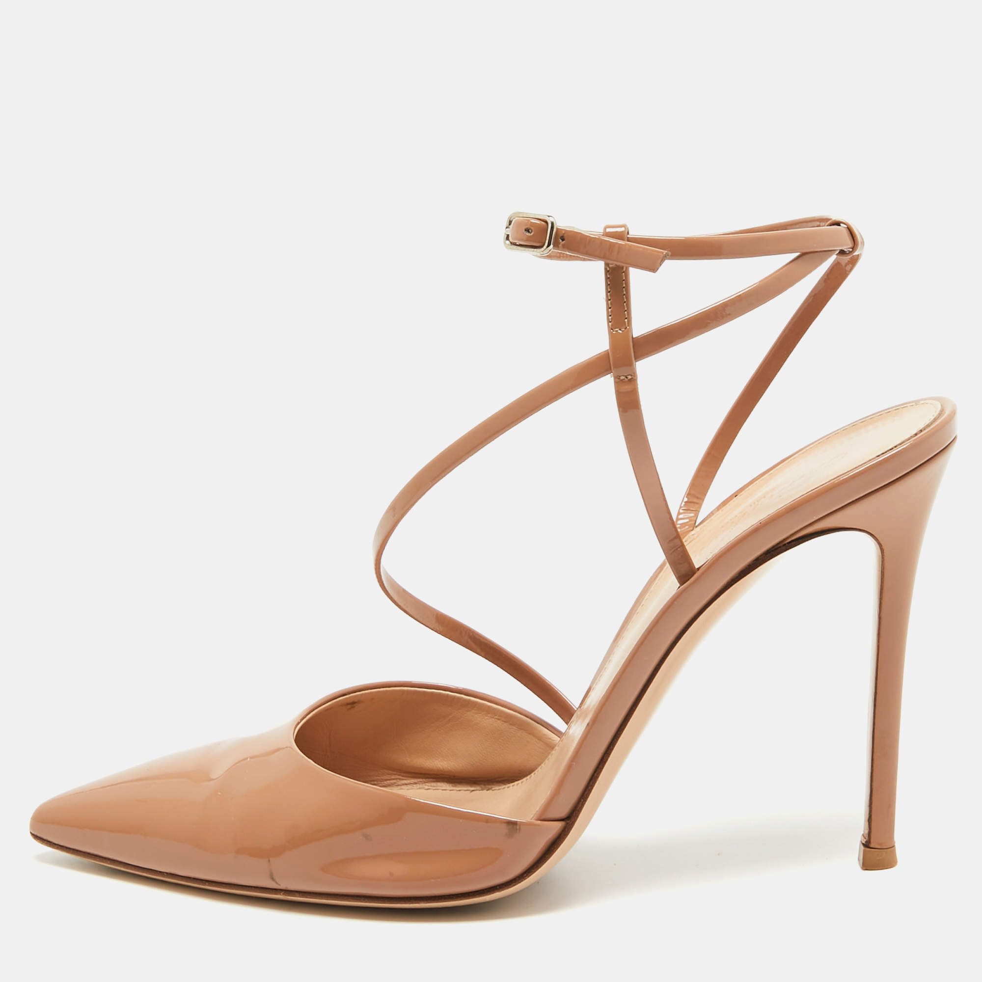 Gianvito Rossi Beige Patent Leather Ankle Strap Pumps Size 39.5