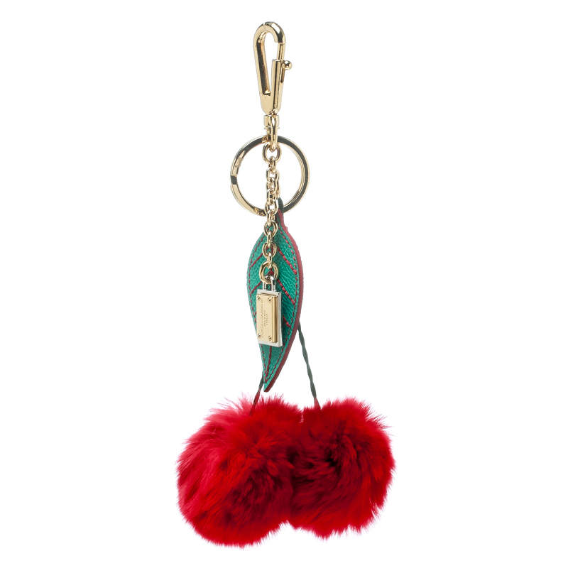 Pre Owned Dolce & Gabbana Red Cherry Pom Pom Gold Tone Key Ring / Bag Charm