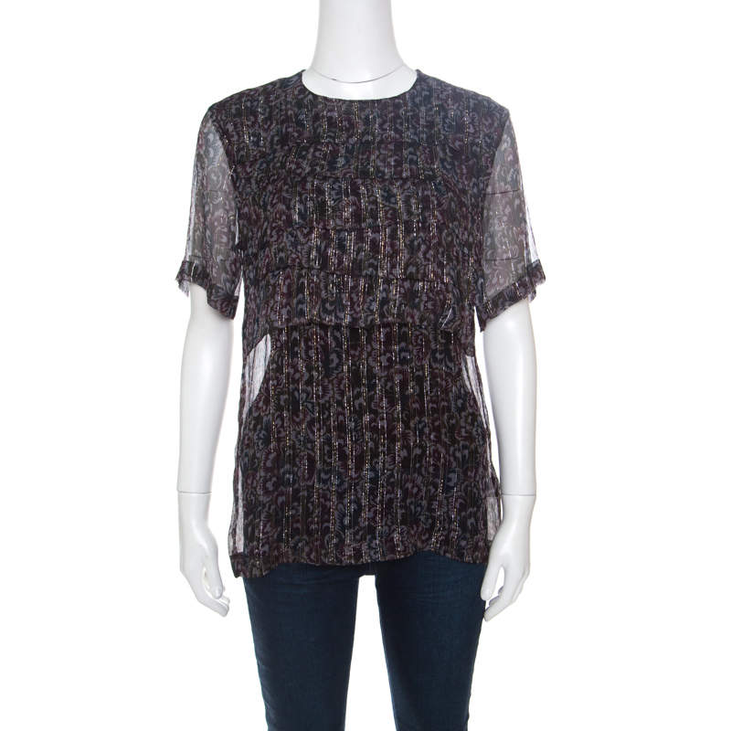 Pre Owned Dries Van Noten Floral Print Metallic Silk Chiffon Ruffled Charleston Top S