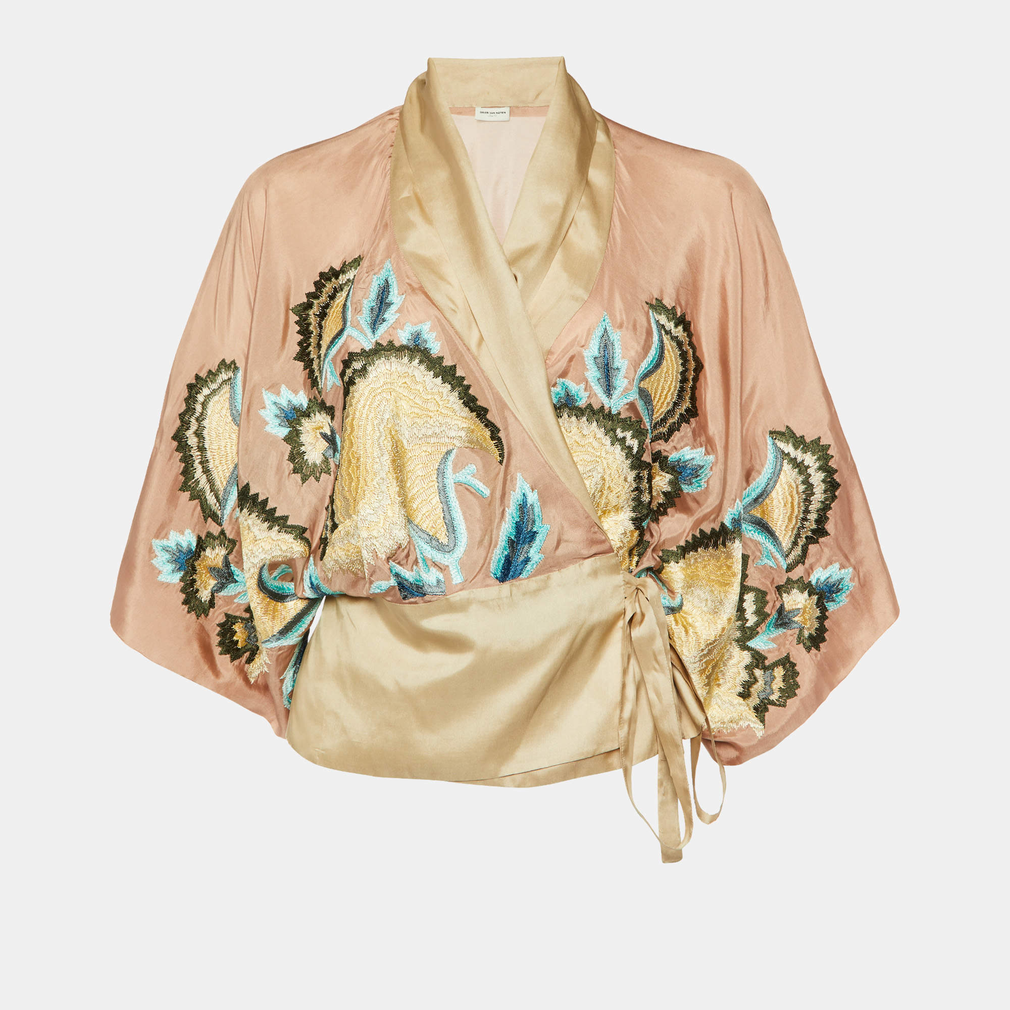 Dries van Noten Taupe Embroidered Silk Wrap Top M