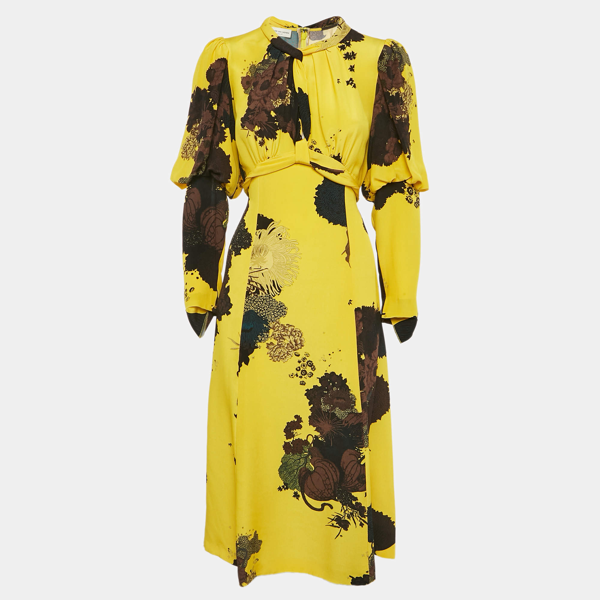 Dries van Noten Yellow Floral Print Silk Tie-Up Waist Detail Midi Dress M