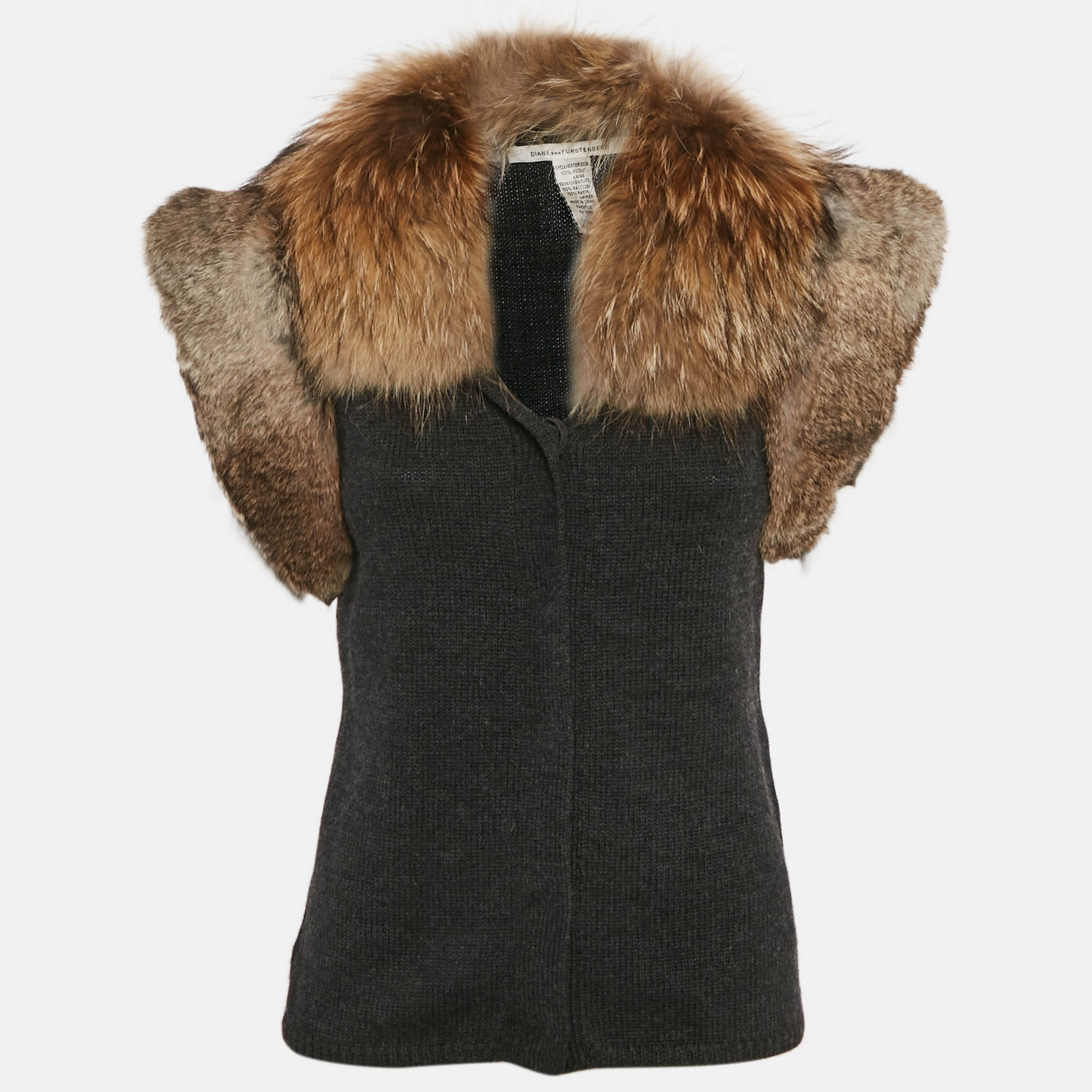 Dries van Noten Grey Detachable Fur Trim Sleeveless Cardigan M