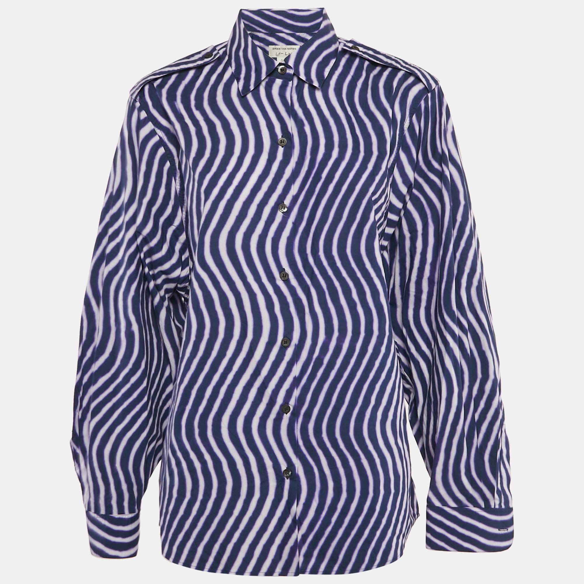 Dries van Noten Navy/Multicolor Printed Cotton Button Front Shirt M