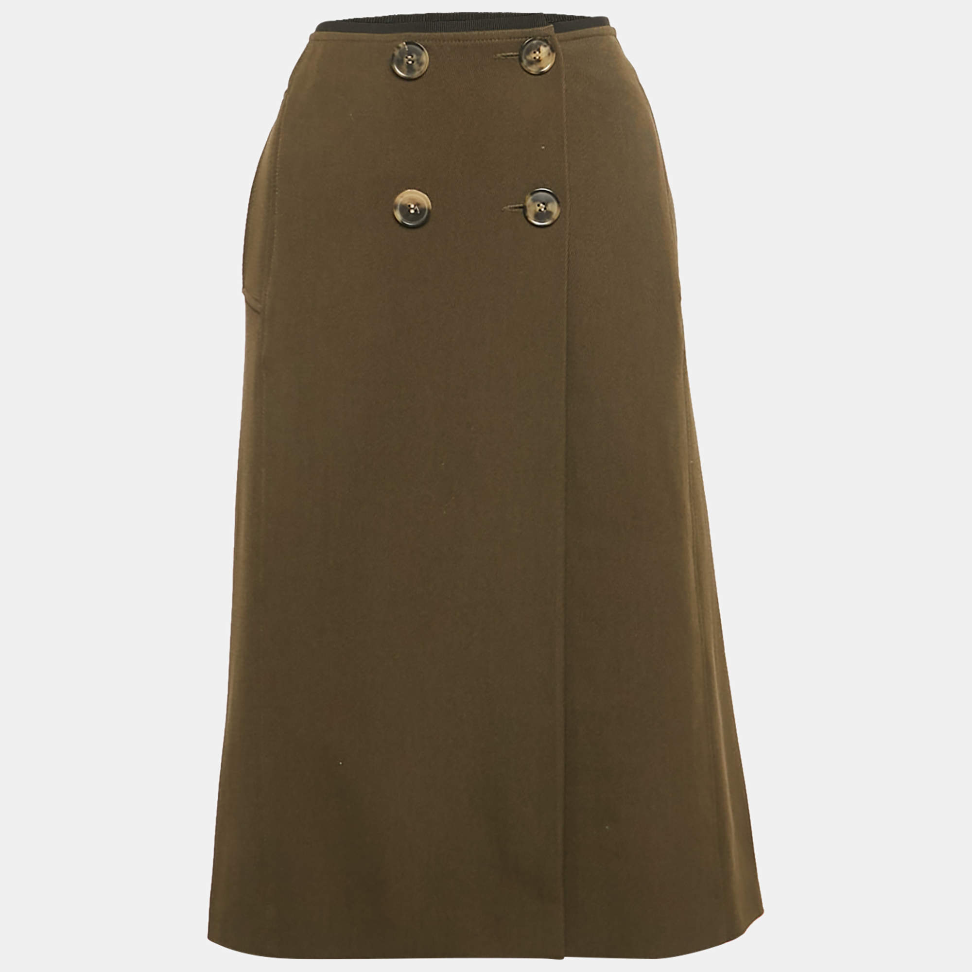 Dries van Noten Green Wool Drill Button Detail Midi Skirt L