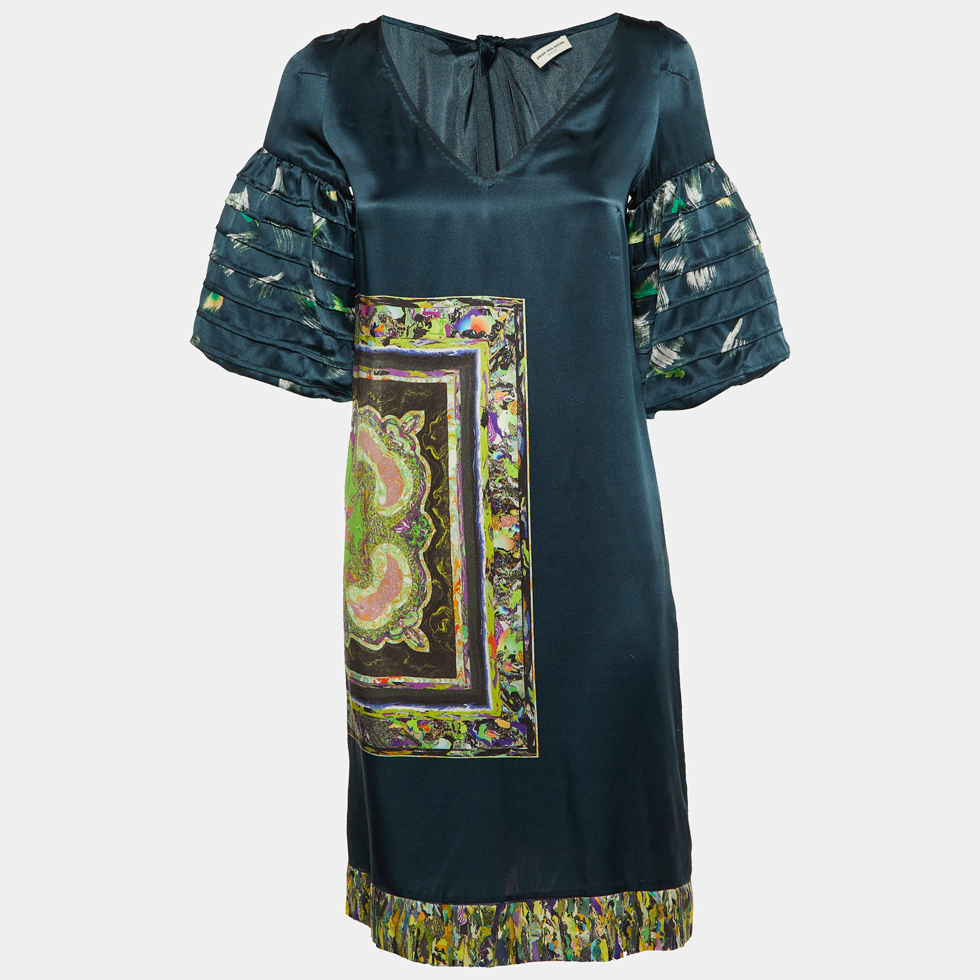 Pre Owned Dries van Noten Dark Green Printed Silk Shift Dress S