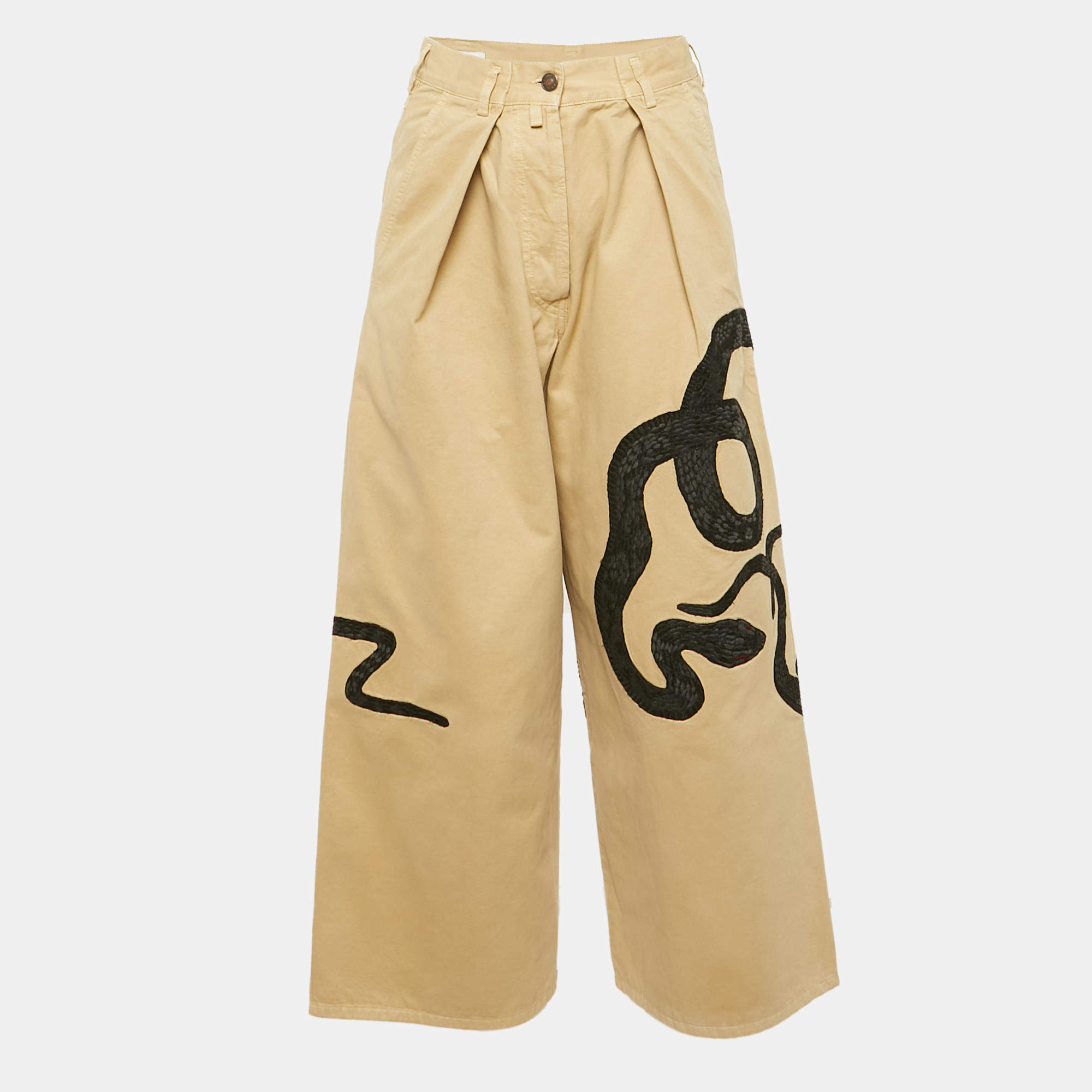 Dries van Noten Beige Snake Embroidered Cotton Trousers S