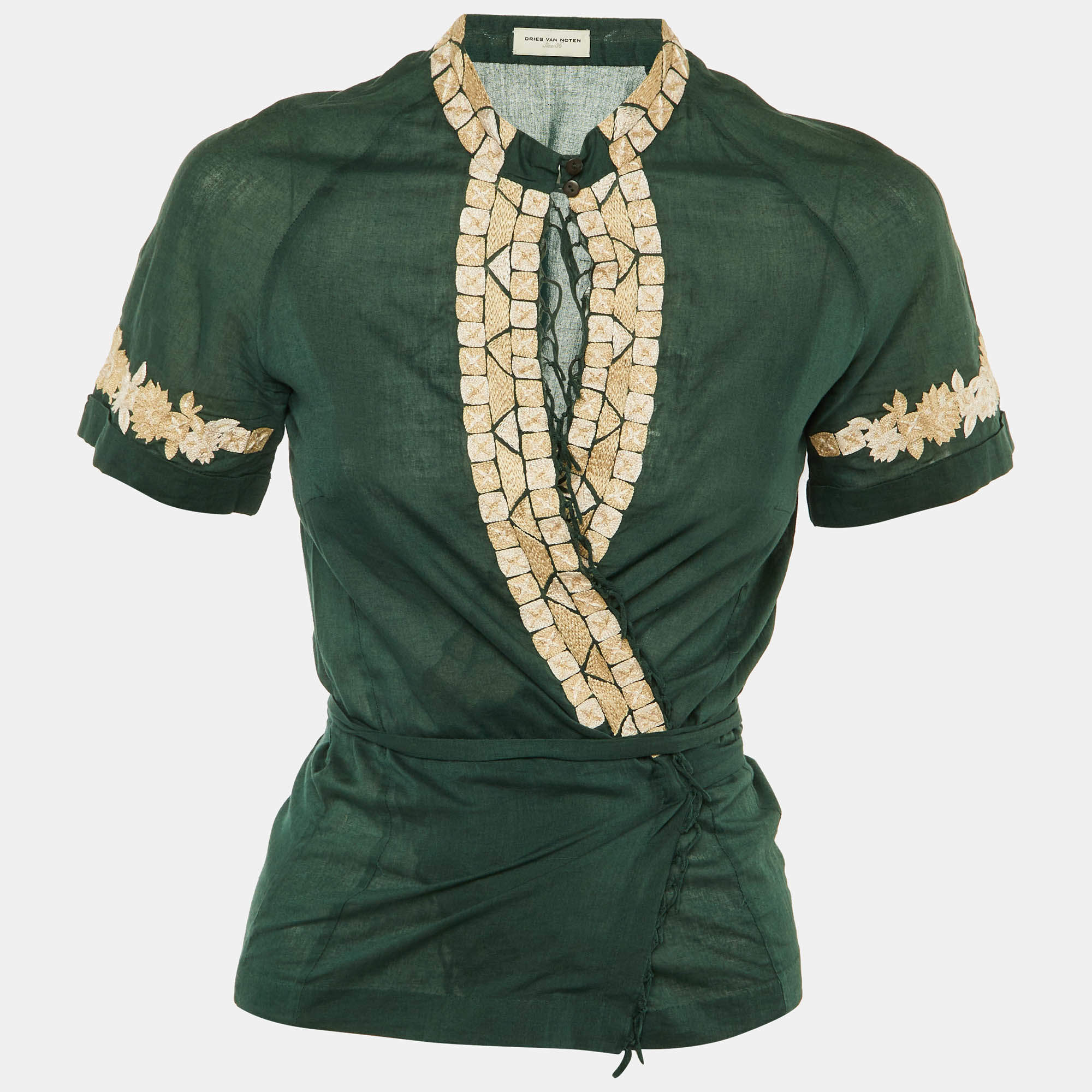 Pre Owned Dries van Noten Green Embroidered Cotton Wrap Top S