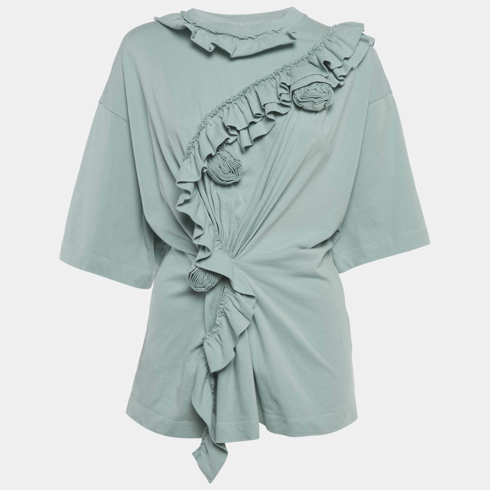 Pre Owned توب دريز فان نوتن أخضر عشبي بأزهار قطن بكشكش صغير