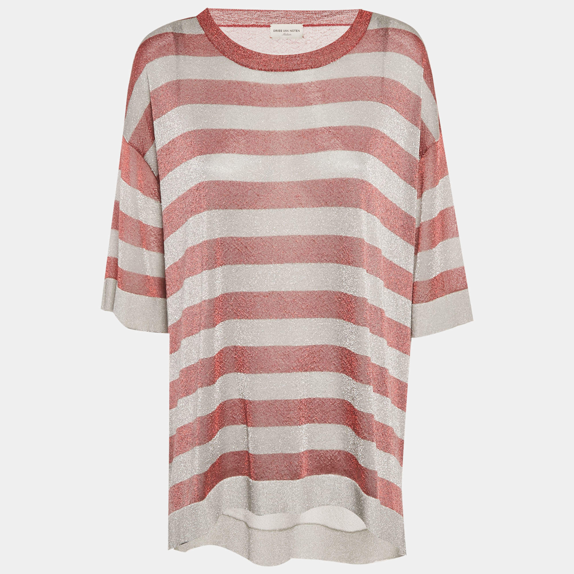 Pre Owned Dries Van Noten Red/Grey Striped Lurex Knit Oversized T-Shirt M