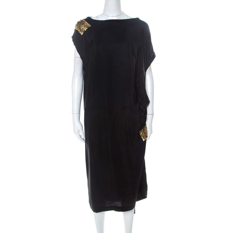 Dries van Noten Black Silk Sequin Embellished Draped Dress L