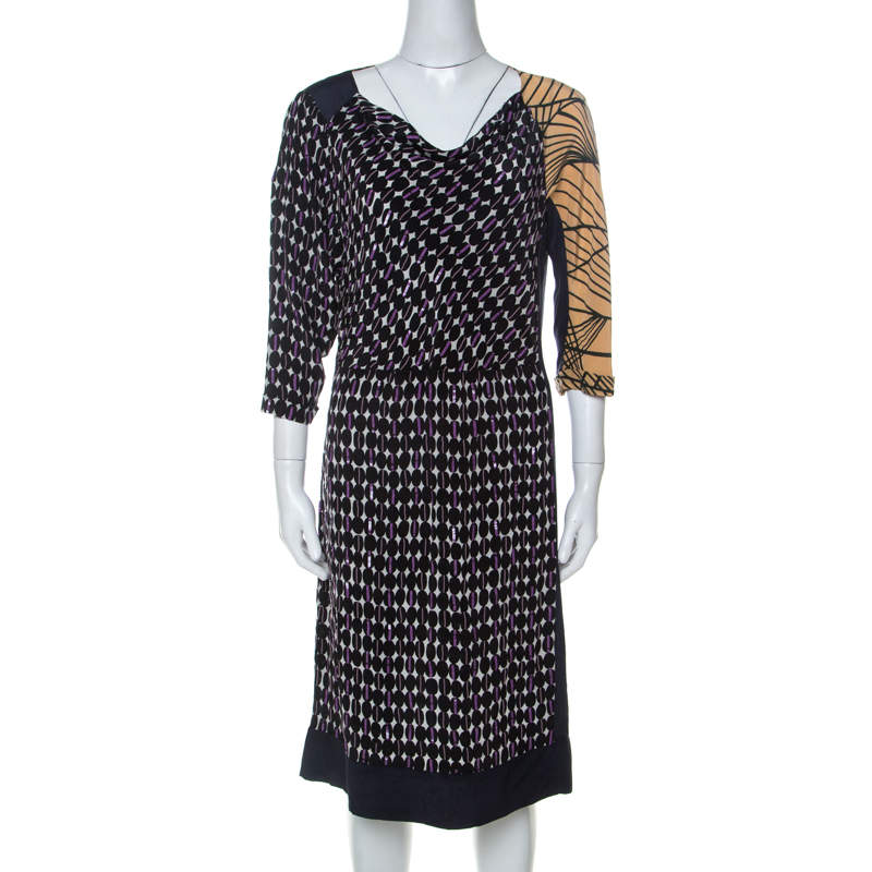 Dries Van Noten Multicolor Abstract Print Silk Sequinned & Beaded Detail Midi Dress M