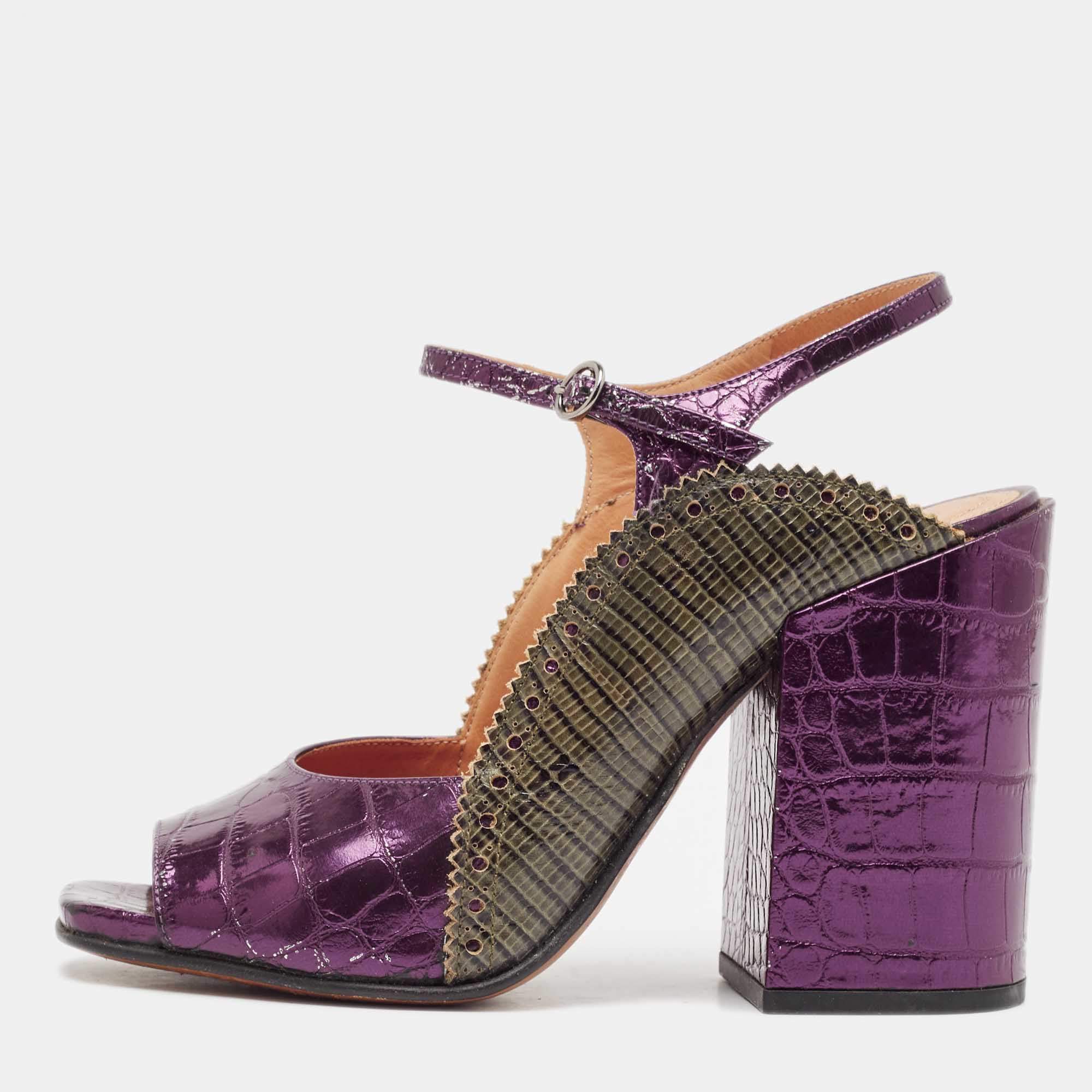 Dries Van Noten Purple/Green Croc Embossed and Lizard Embossed Ankle Strap Sandals Size 39