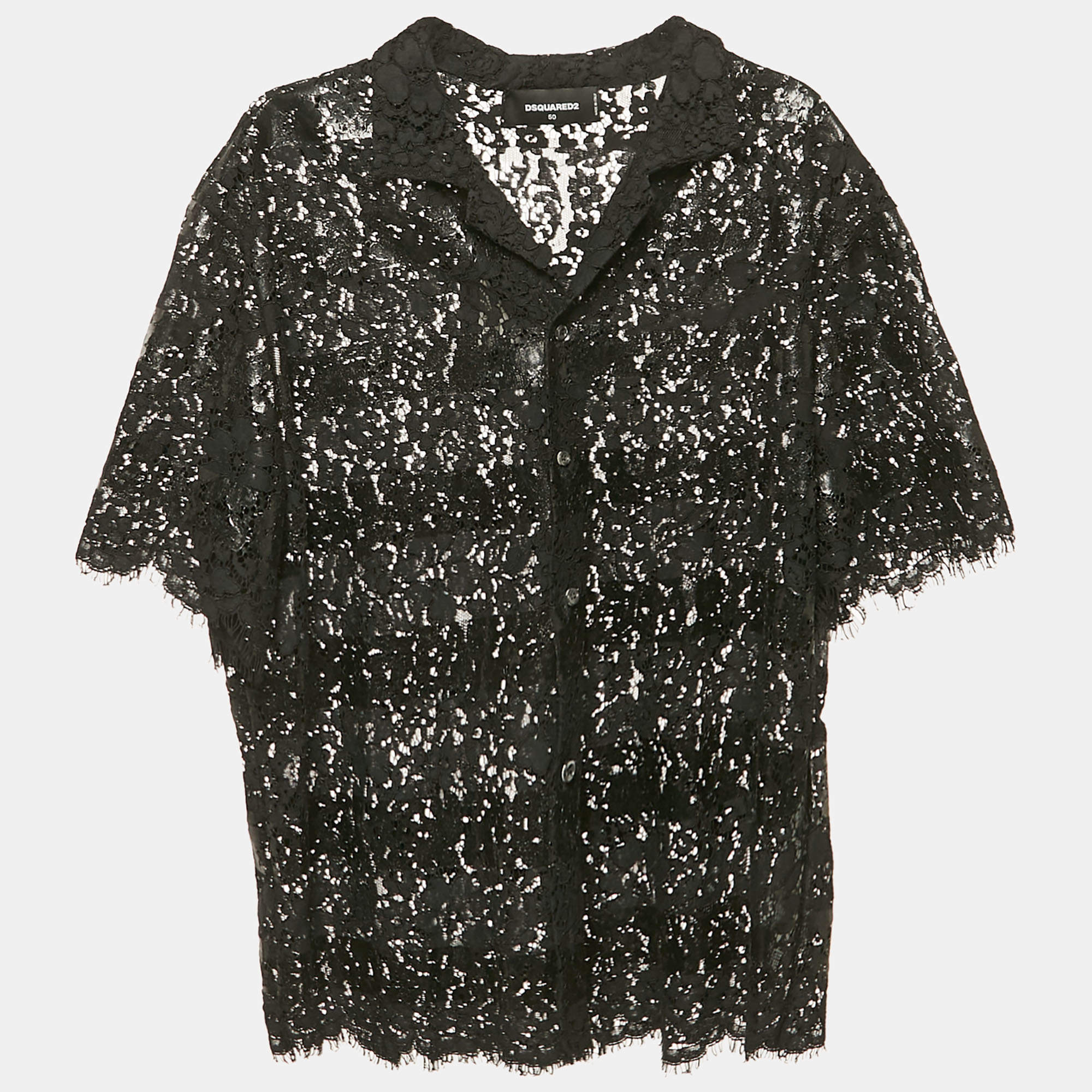 Dsquared2 Black Coated Stripe Lace Sheer Shirt XL