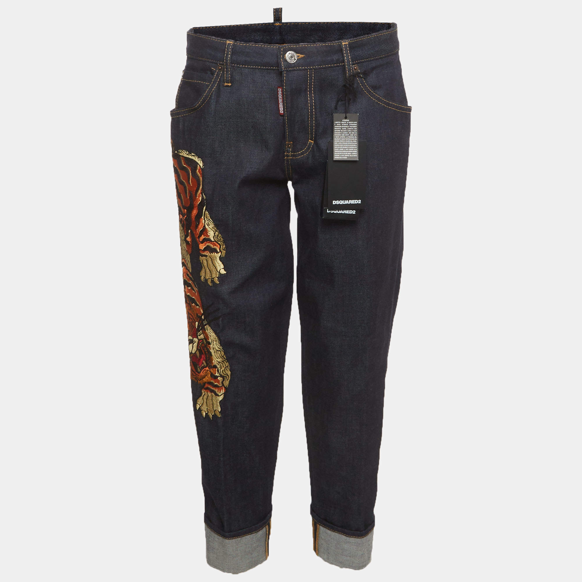 Pre Owned Dsquared2 Blue Tiger Embroidered Denim Hockney Jeans M/Waist 34"