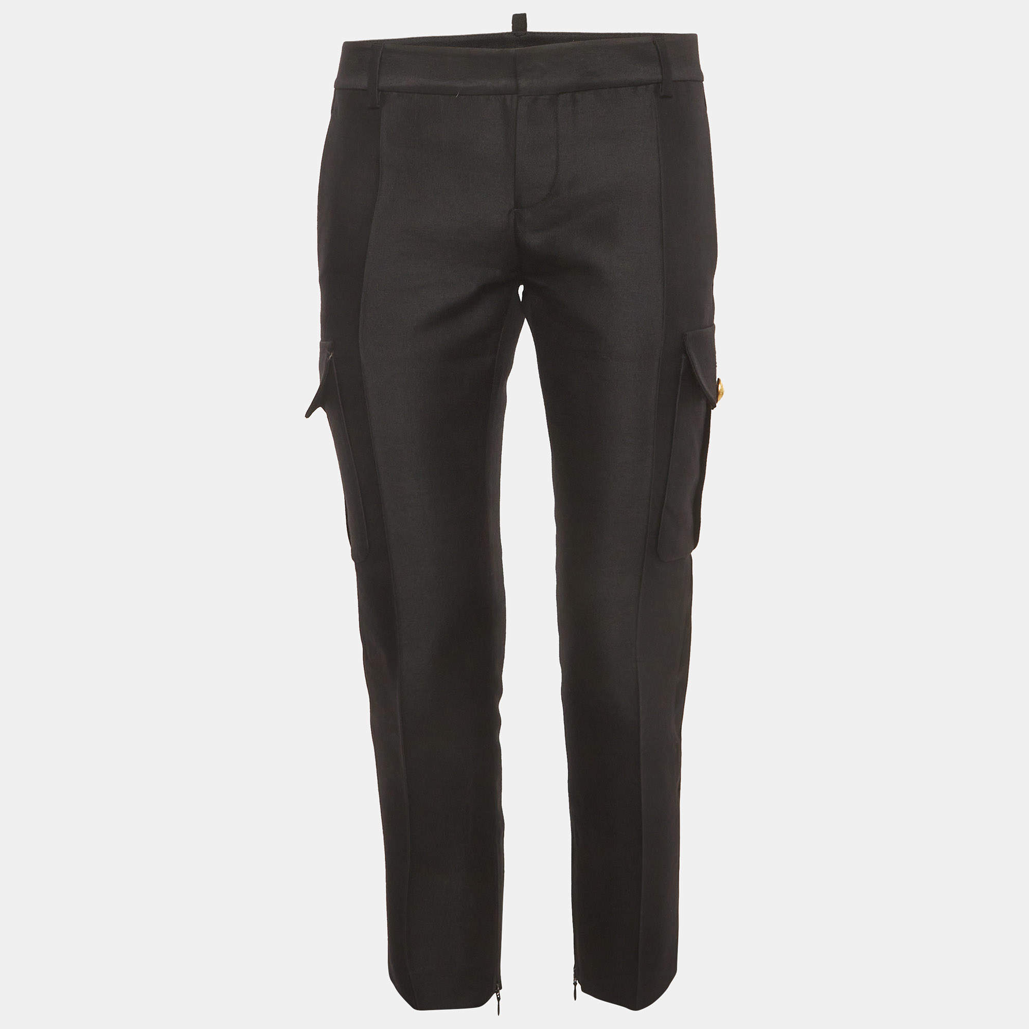 Pre Owned Dsquared2 Black Wool Blend Satin Trim Cargo Trousers M