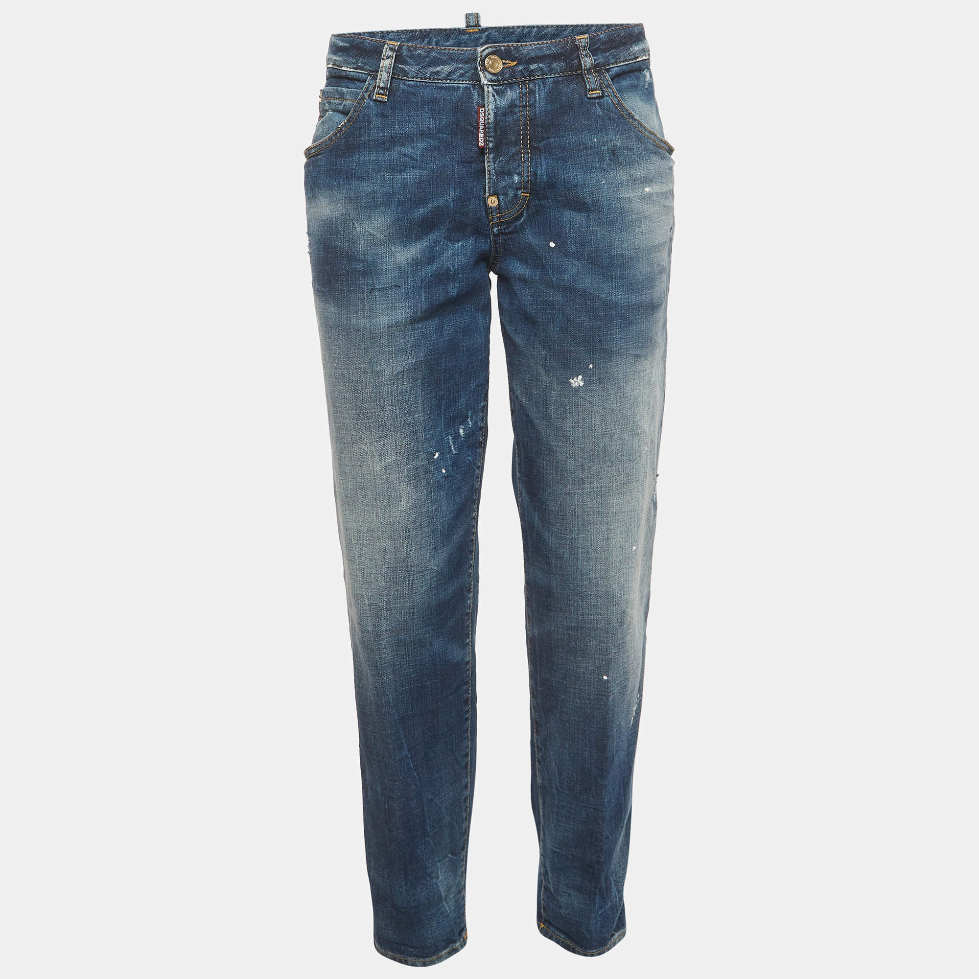 Pre Owned Dsquared2 Blue Splattered Distressed Denim Hockney Jeans M/Waist 34"