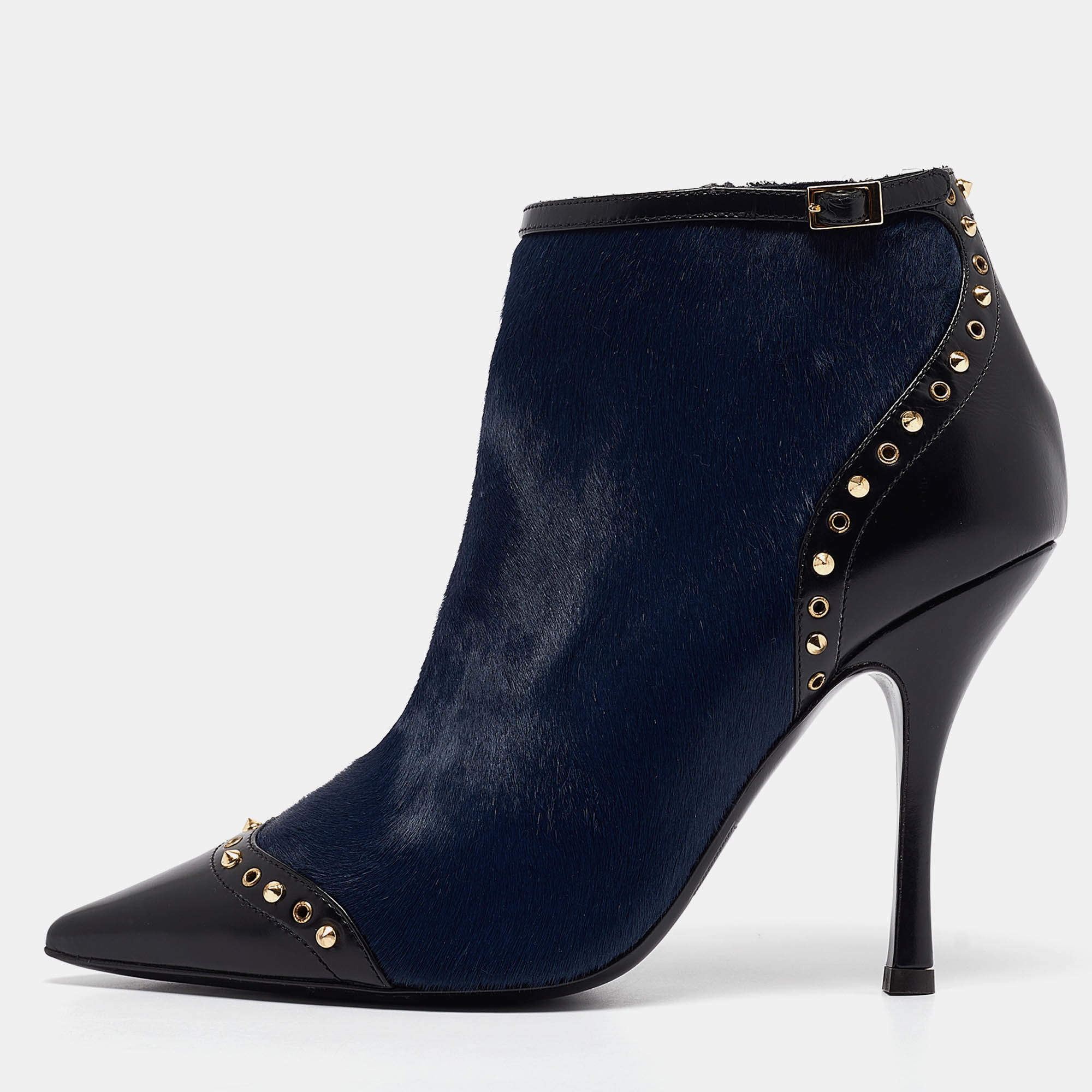 Pre Owned Dsquared2 Black/Blue Calfhair and Leather Studded Heeled Ankle Length Boots Size 39