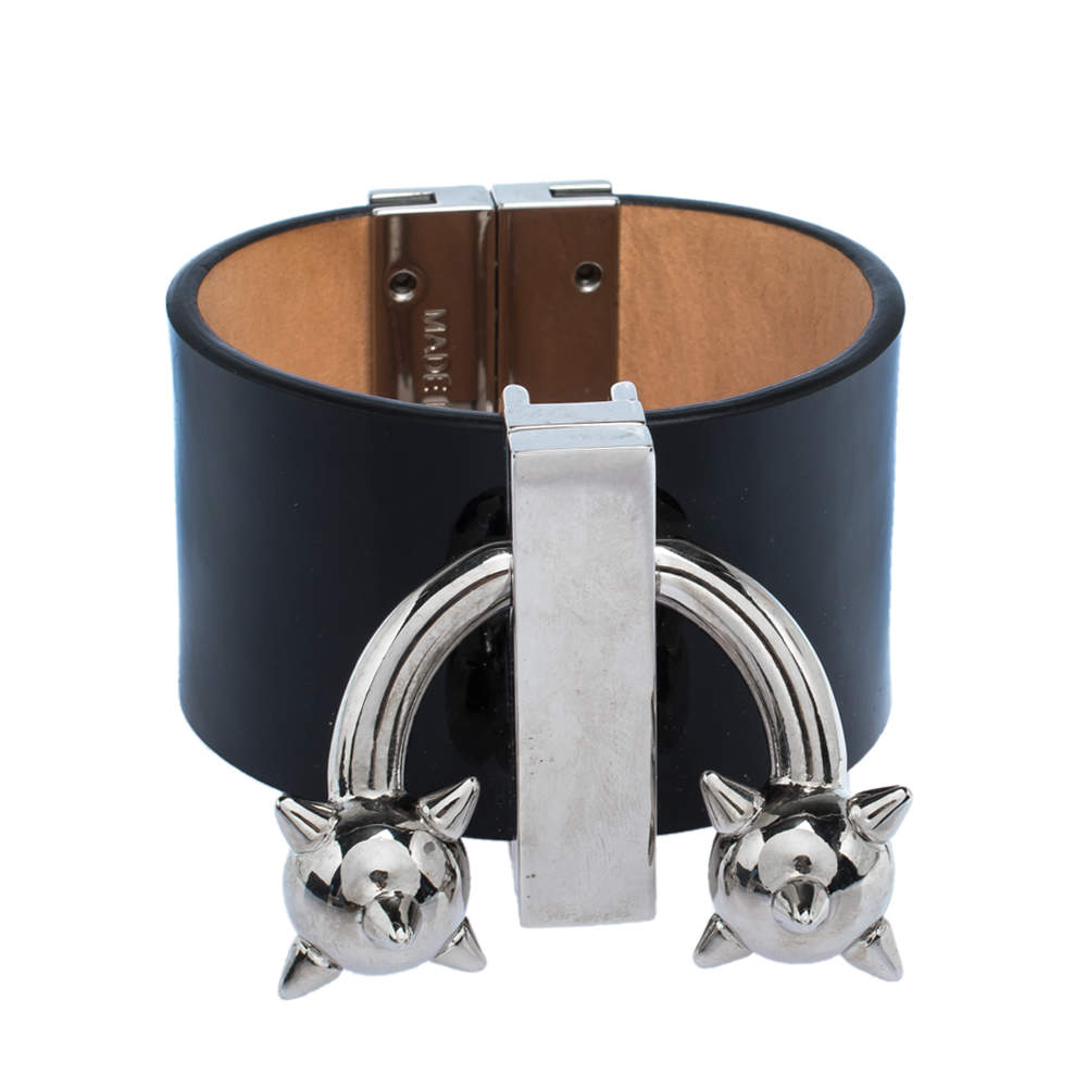 Pre Owned Dsquared2 Black Leather Pierce Me Wide Cuff Bracelet L